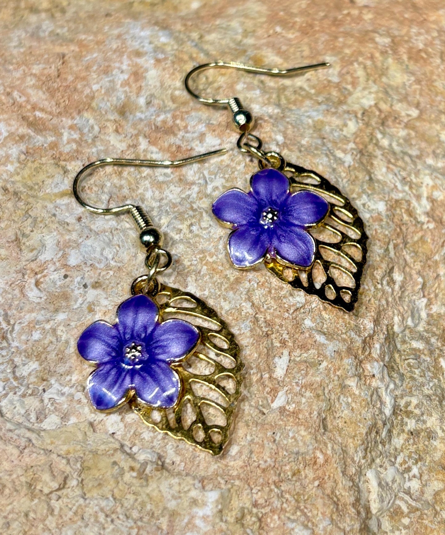 Gold Leaf Purple Flower Earrings | Dainty Floral Dangle Earrings Consecrated Jewelry Co.