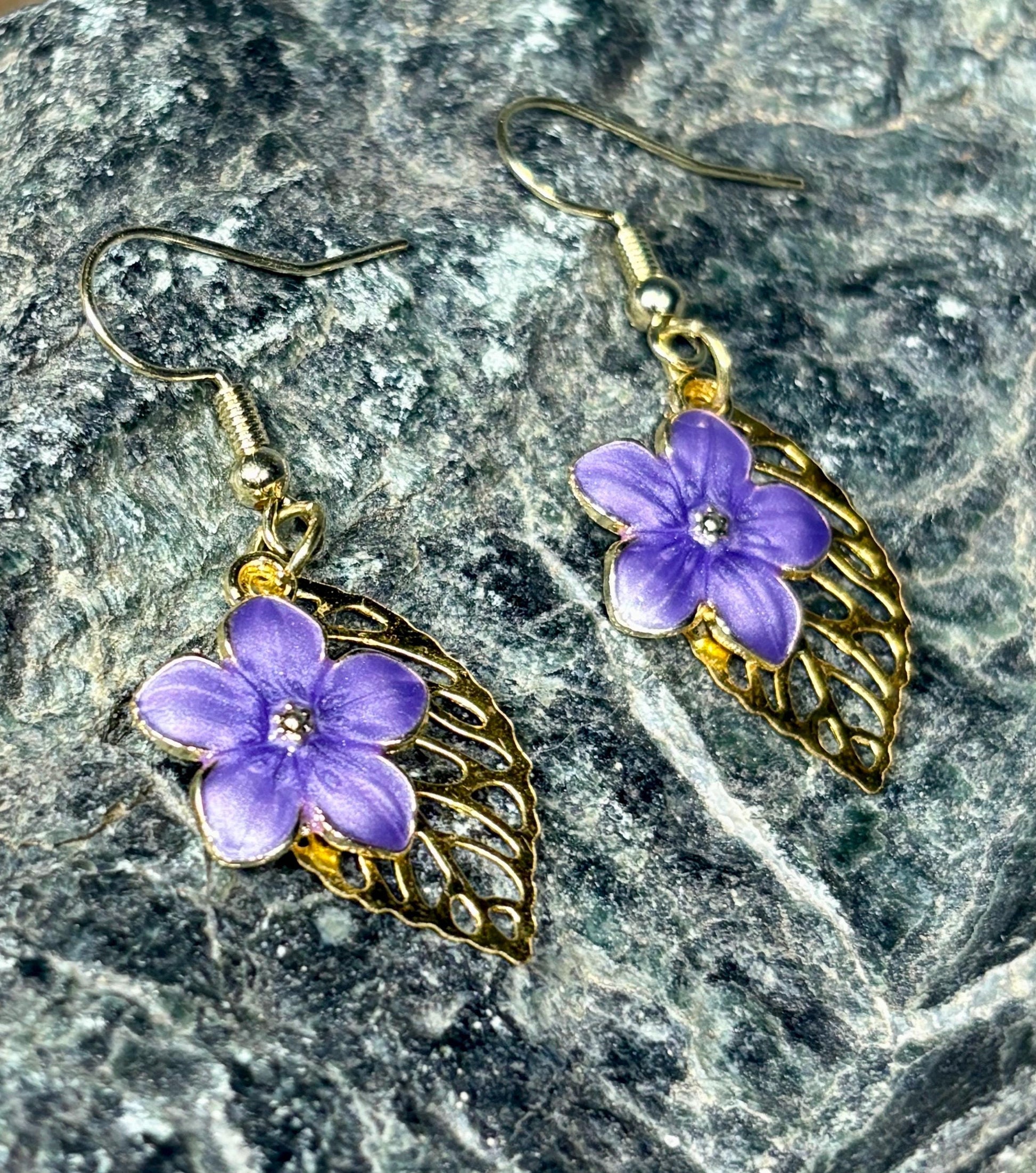 Gold Leaf Purple Flower Earrings | Dainty Floral Dangle Earrings Consecrated Jewelry Co.