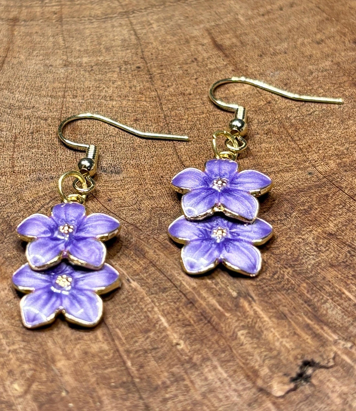 Gold Dangle Earrings | Purple Enamel Flower Botanical Earrings Consecrated Jewelry Co.