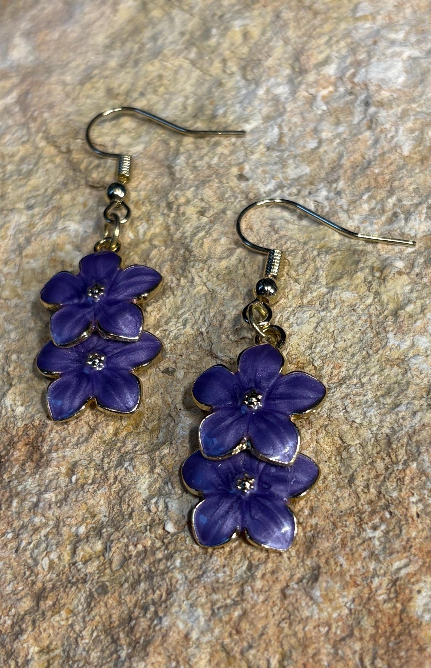 Gold Dangle Earrings | Purple Enamel Flower Botanical Earrings Consecrated Jewelry Co.