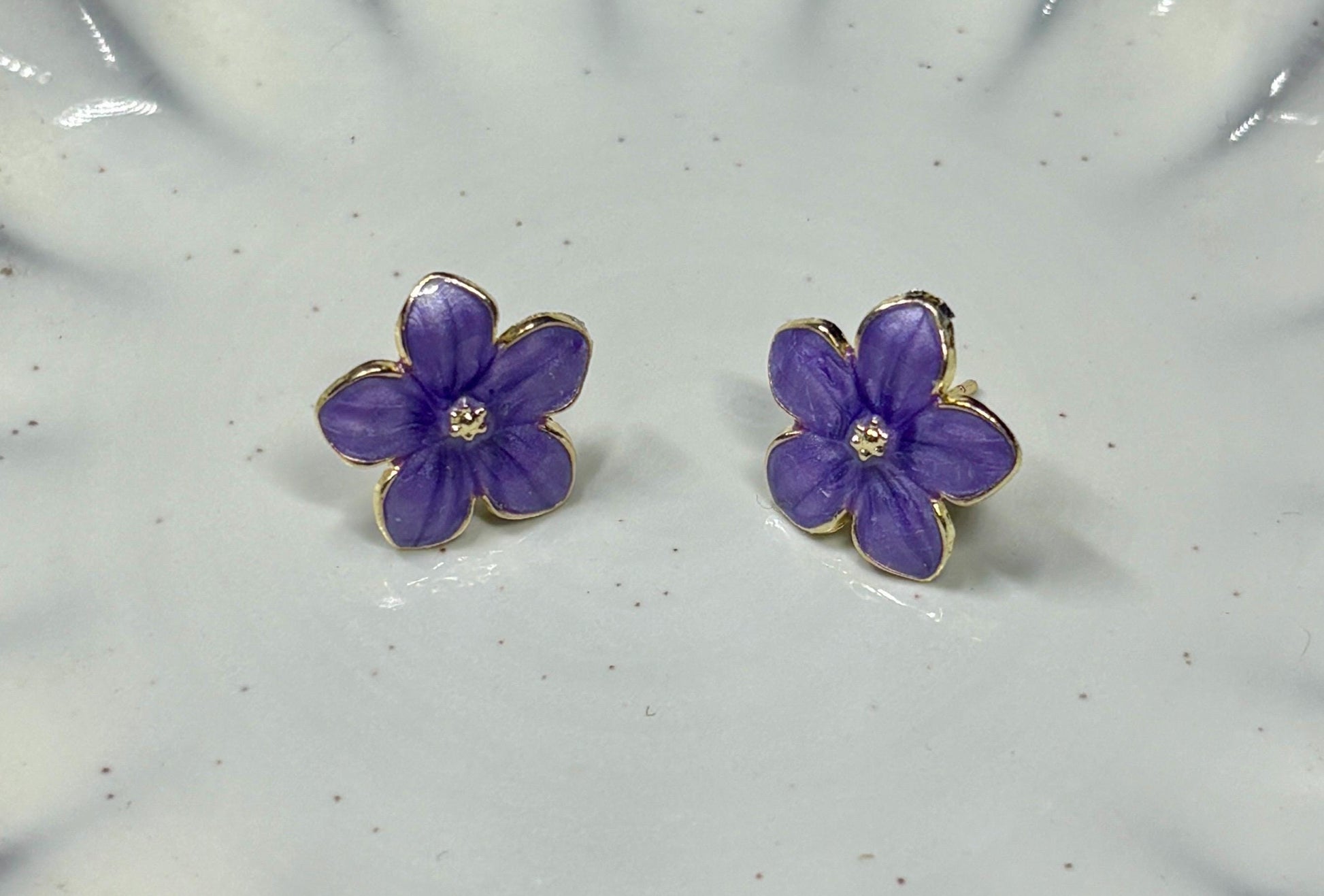 Gold Flower Stud Earrings | Purple Enamel Floral Earrings Consecrated Jewelry Co.