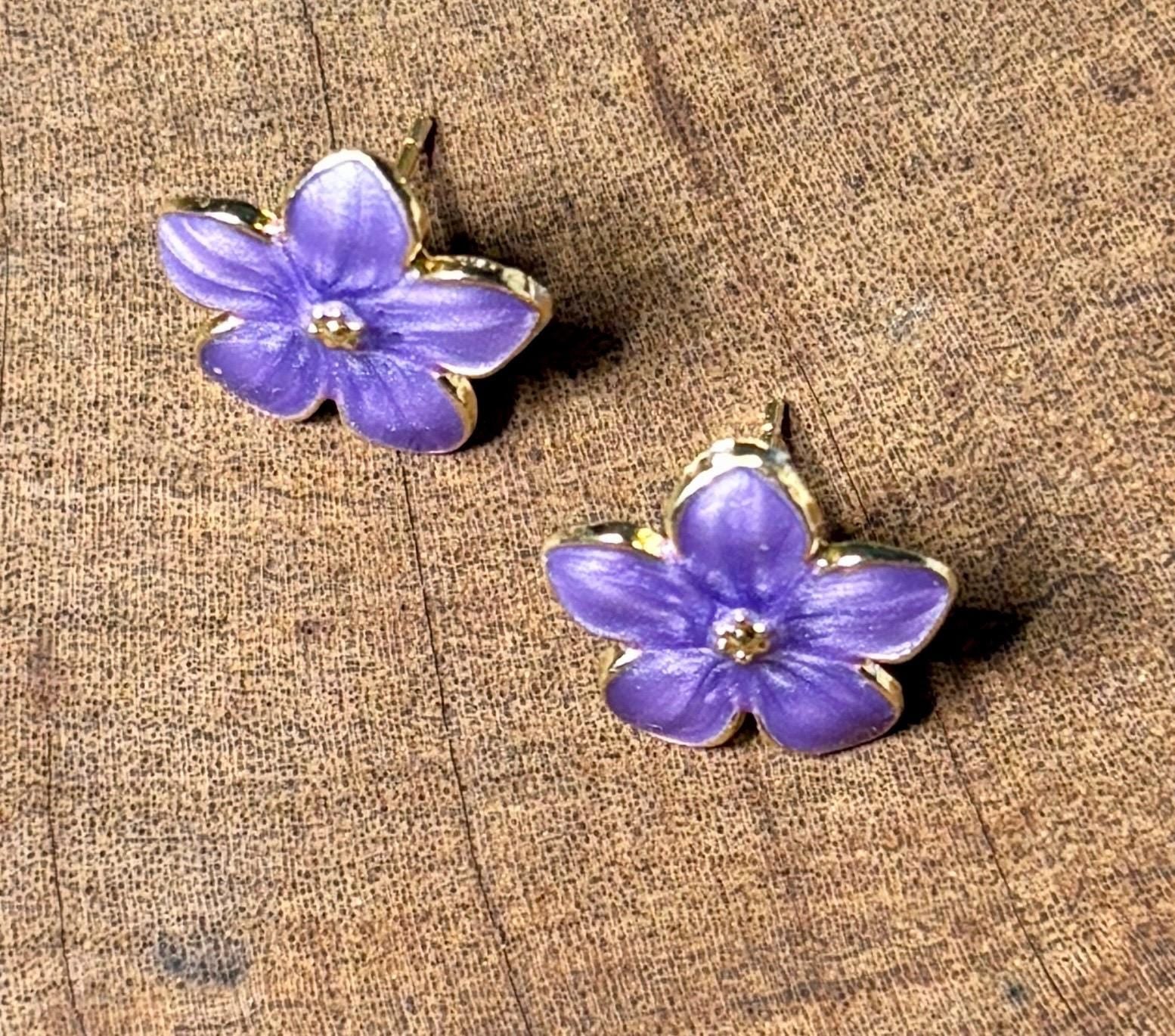 Gold Flower Stud Earrings | Purple Enamel Floral Earrings Consecrated Jewelry Co.