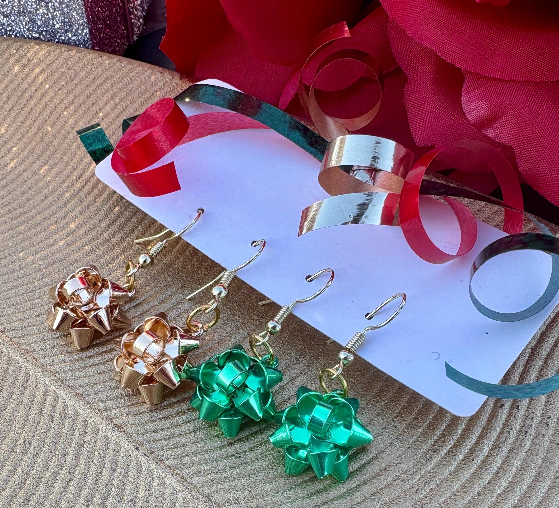 Christmas Bow Dangle Earrings | Colorful Holiday Metal Bows Earrings Consecrated Jewelry Co.