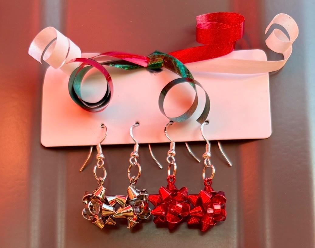 Christmas Bow Dangle Earrings | Colorful Holiday Metal Bows Earrings Consecrated Jewelry Co.