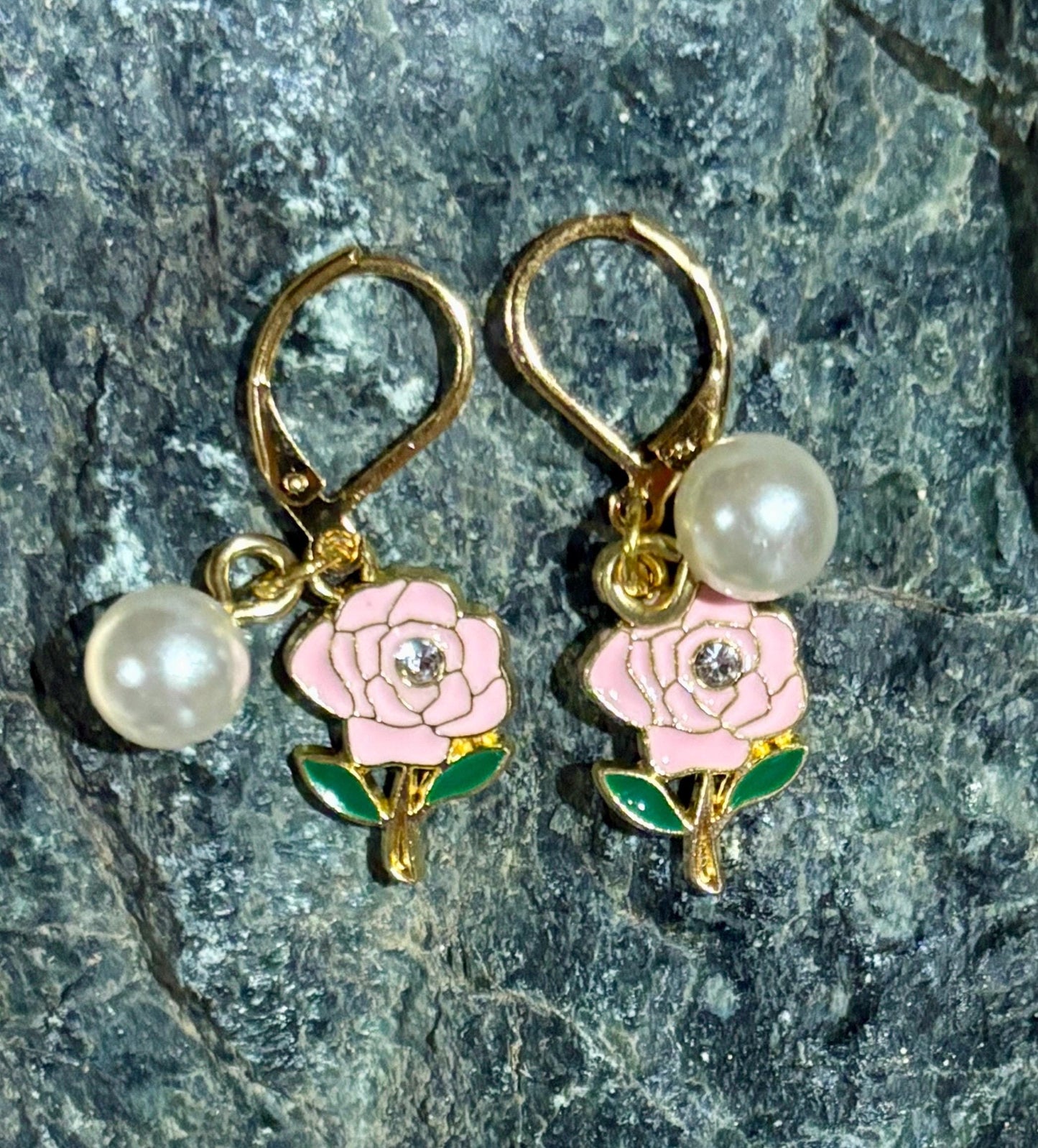 Pink Rose Gemstone Dangle Earrings | Gold Huggie Pearl Accent Earrings Consecrated Jewelry Co.