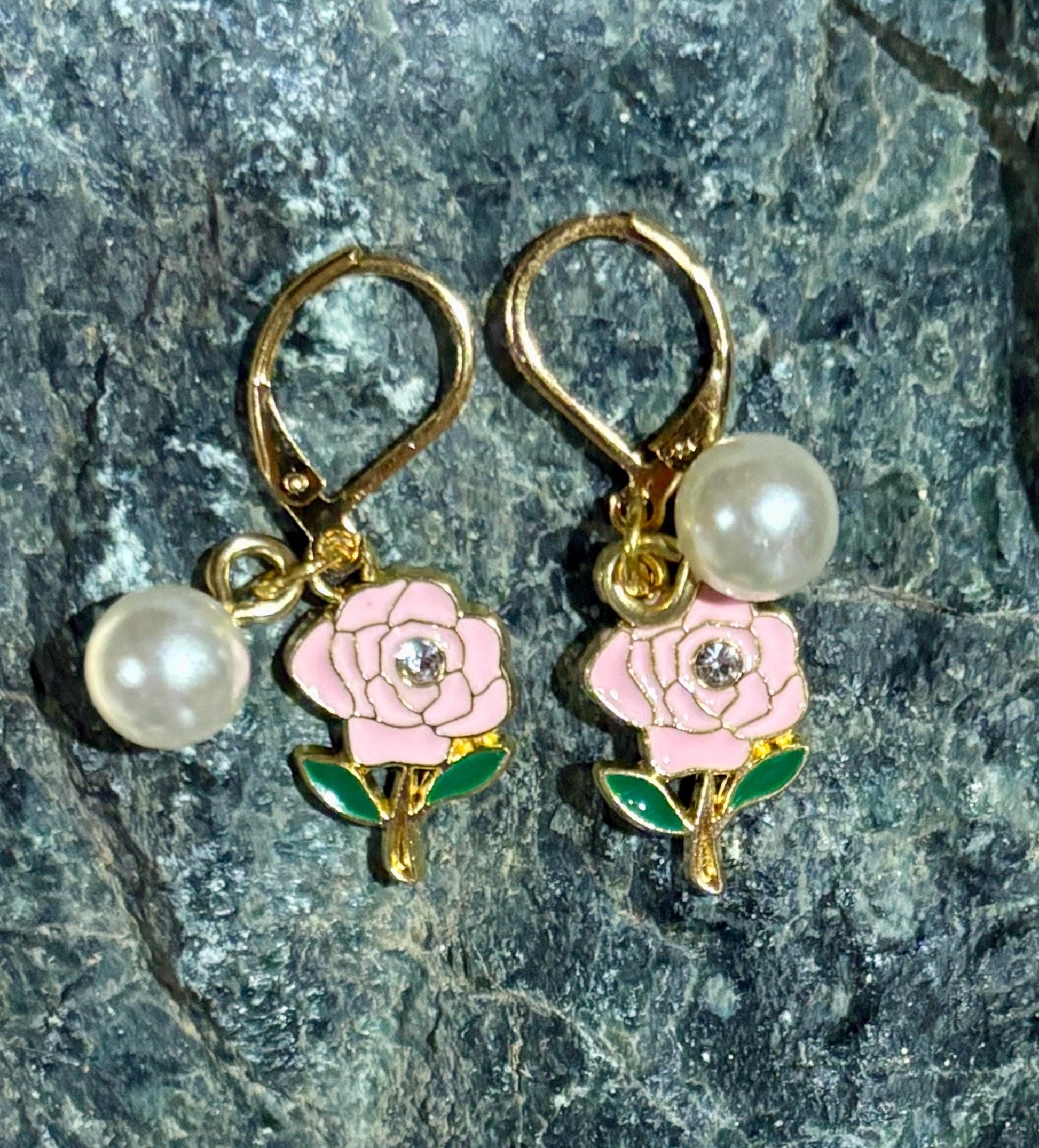Pink Rose Gemstone Dangle Earrings | Gold Huggie Pearl Accent Earrings Consecrated Jewelry Co.