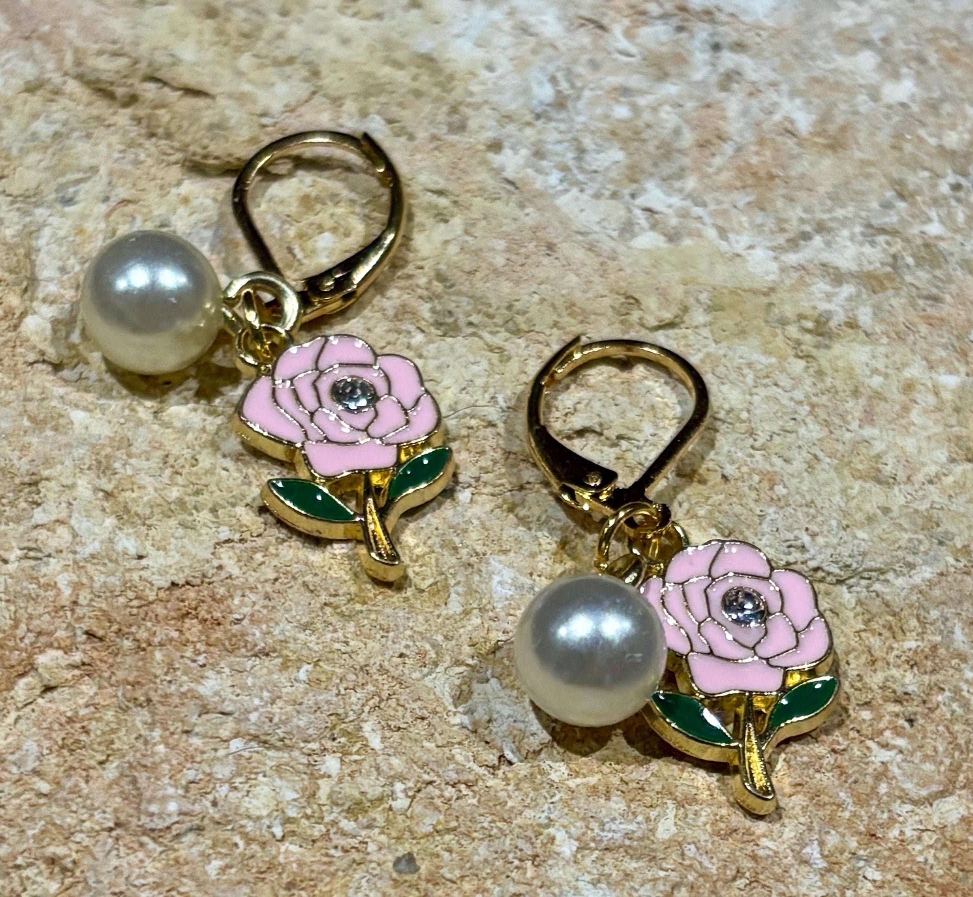 Pink Rose Gemstone Dangle Earrings | Gold Huggie Pearl Accent Earrings Consecrated Jewelry Co.