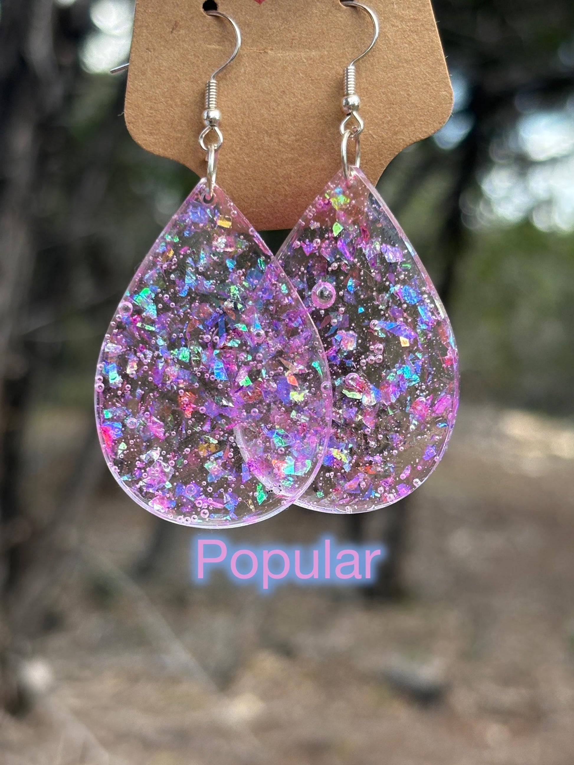 Handmade Glitter Resin Teardrop Earrings | Purple Pink Shimmer Earrings Consecrated Jewelry Co.