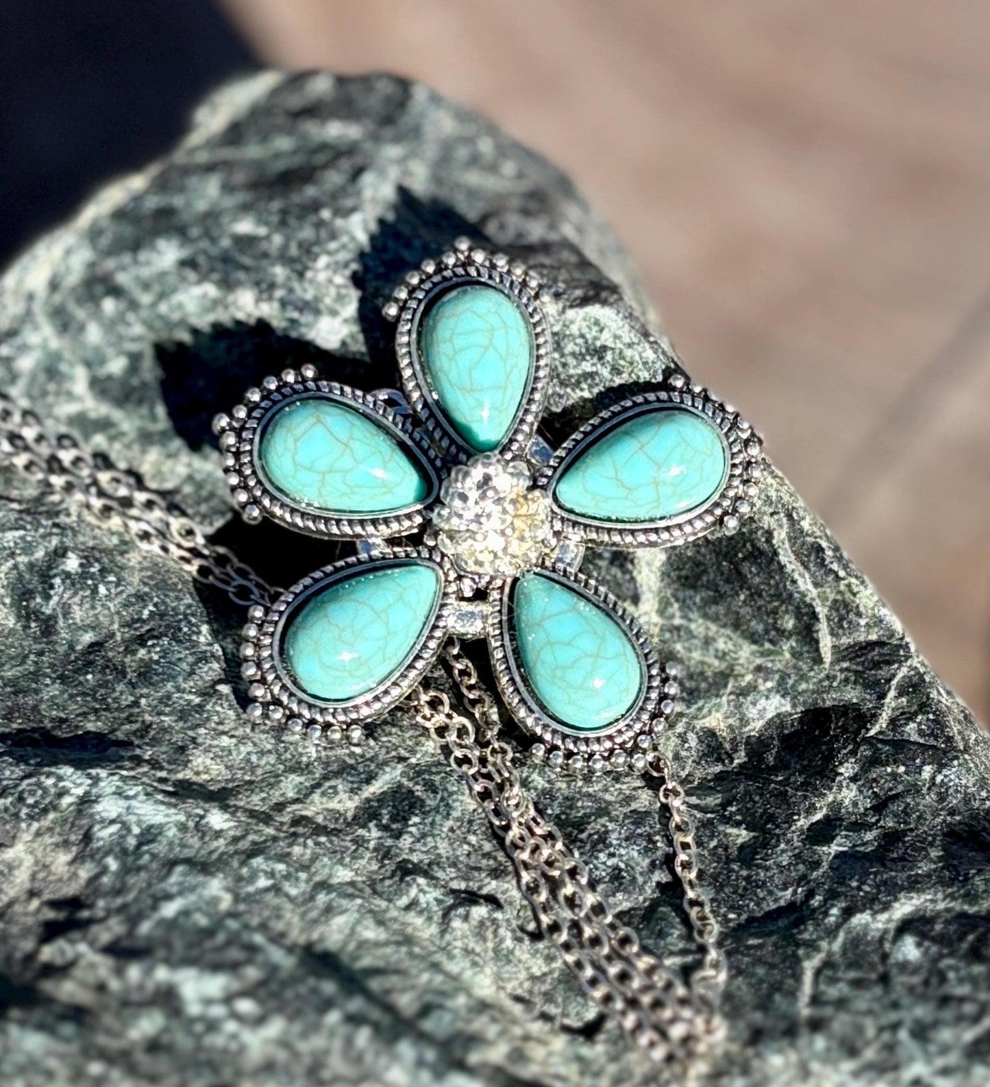 Turquoise Flower Pendant Necklace | Silver Boho Sunburst Teal Necklaces Consecrated Jewelry Co.