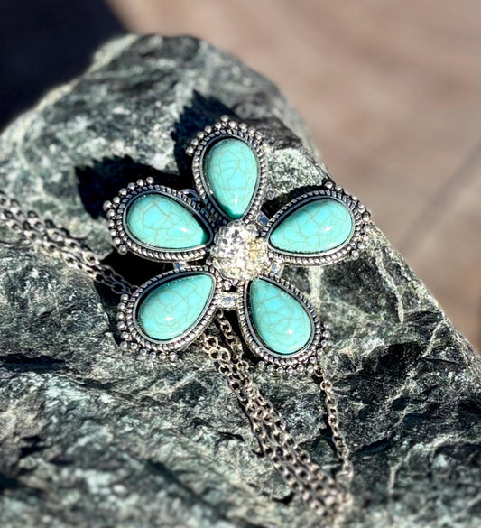 Turquoise Flower Pendant Necklace | Silver Boho Sunburst Teal Necklaces Consecrated Jewelry Co.