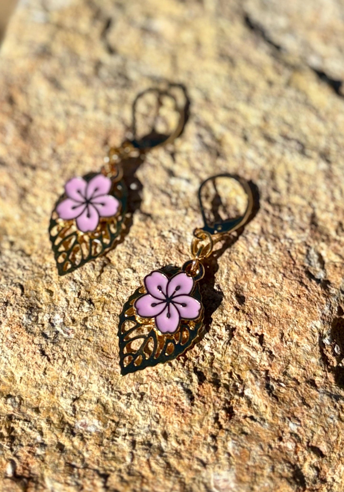 Gold Leaf Teardrop Earrings | Dainty Pink Flower Floral Dangle Earrings Consecrated Jewelry Co.