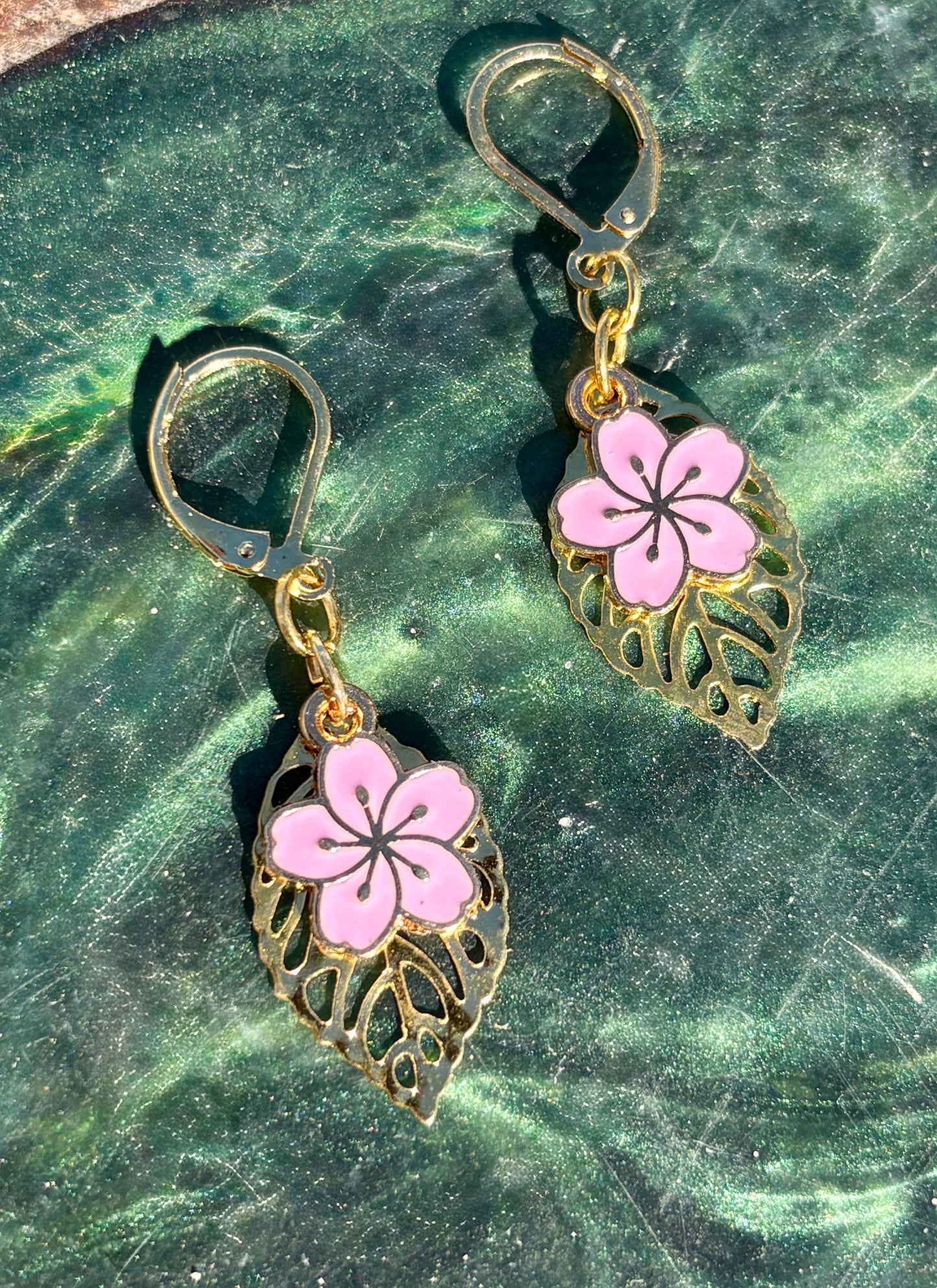 Gold Leaf Teardrop Earrings | Dainty Pink Flower Floral Dangle Earrings Consecrated Jewelry Co.