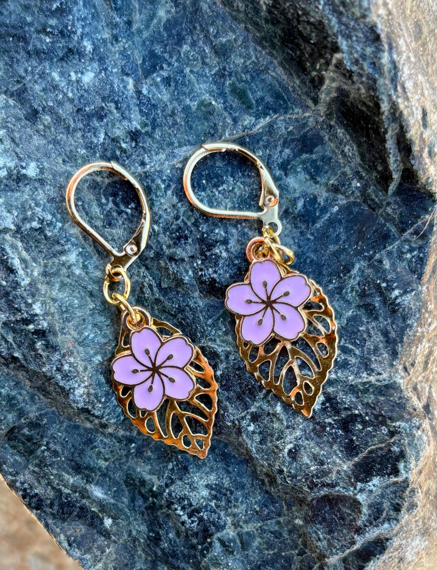 Gold Leaf Teardrop Earrings | Dainty Pink Flower Floral Dangle Earrings Consecrated Jewelry Co.