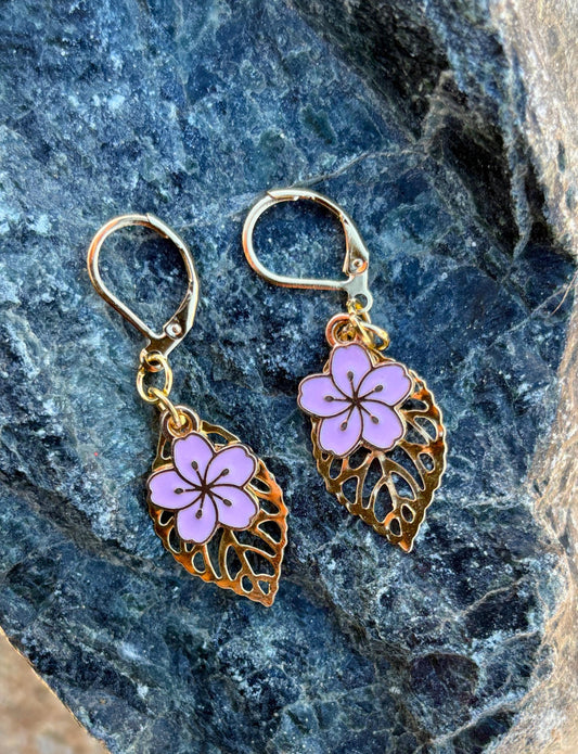 Gold Leaf Teardrop Earrings | Dainty Pink Flower Floral Dangle Earrings Consecrated Jewelry Co.