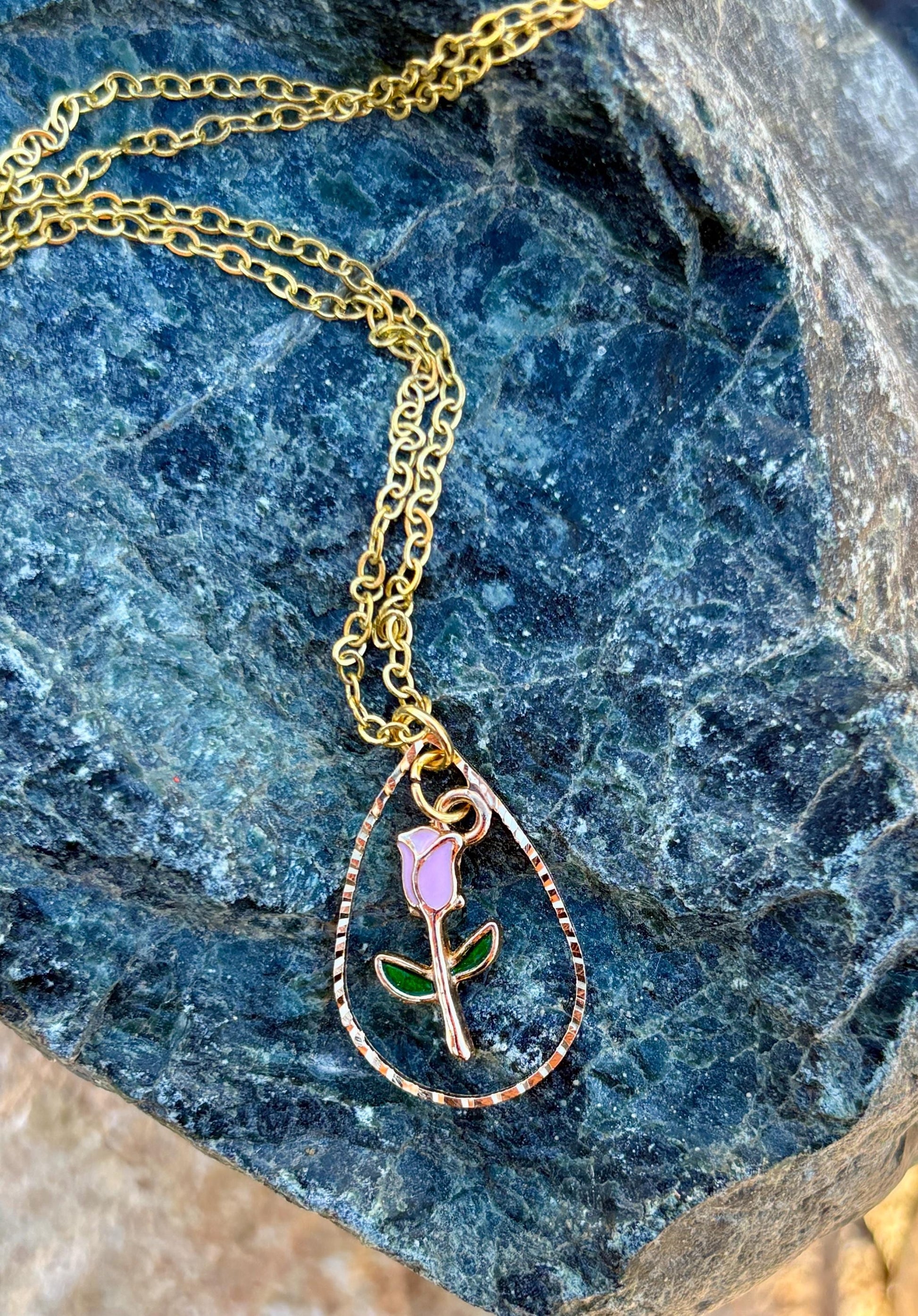 Gold Teardrop Necklace | Pink Rose Flower Pendant Necklaces Consecrated Jewelry Co.