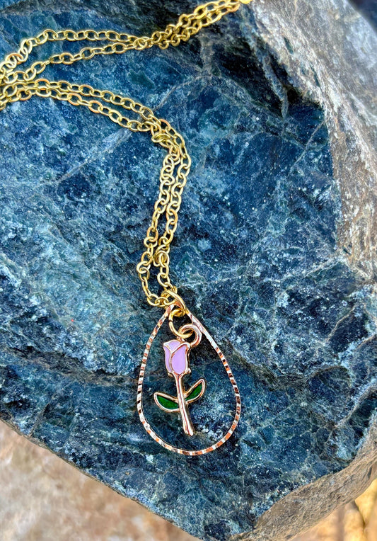Gold Teardrop Necklace | Pink Rose Flower Pendant Necklaces Consecrated Jewelry Co.