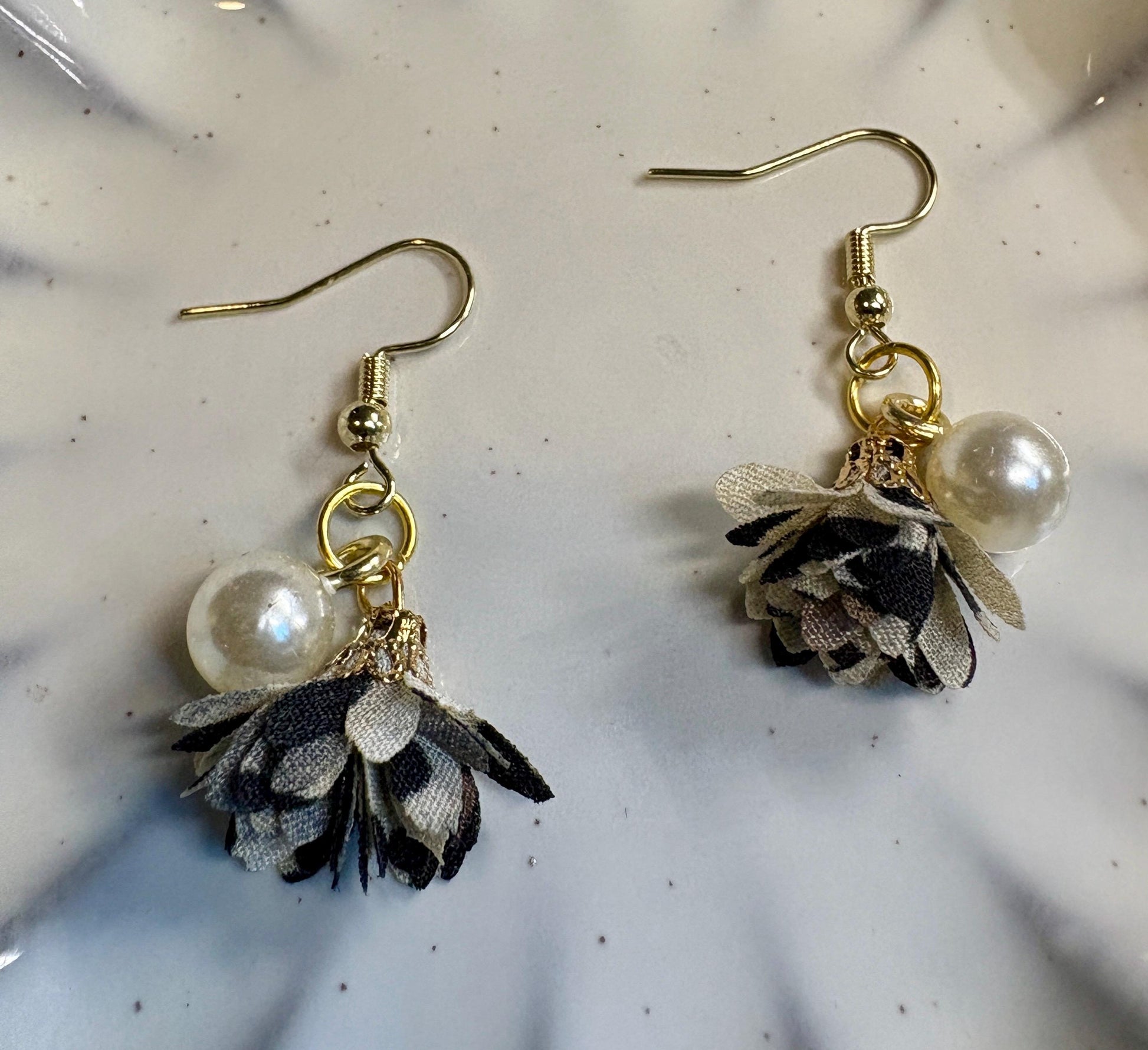 Handmade Floral Fabric Dangle Earrings | Pearl Gold Earrings Consecrated Jewelry Co.