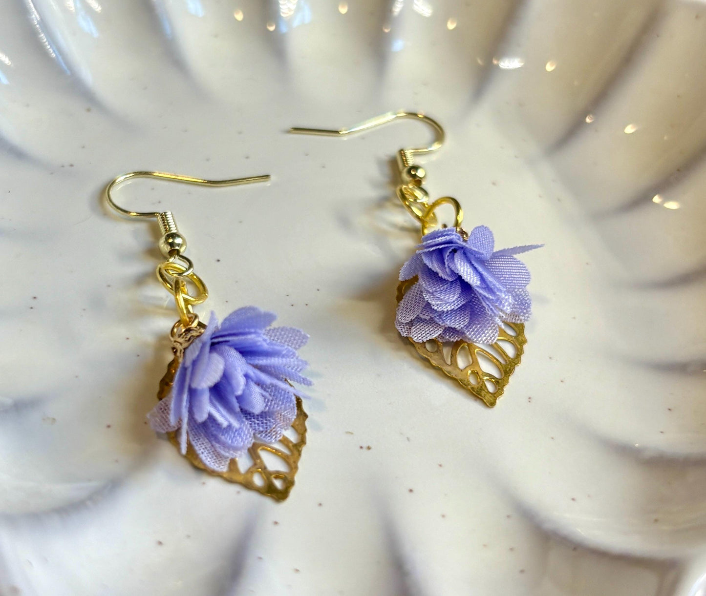 Handmade Gold Leaf Dangle Earrings | Fabric Floral Charm Earrings Consecrated Jewelry Co.