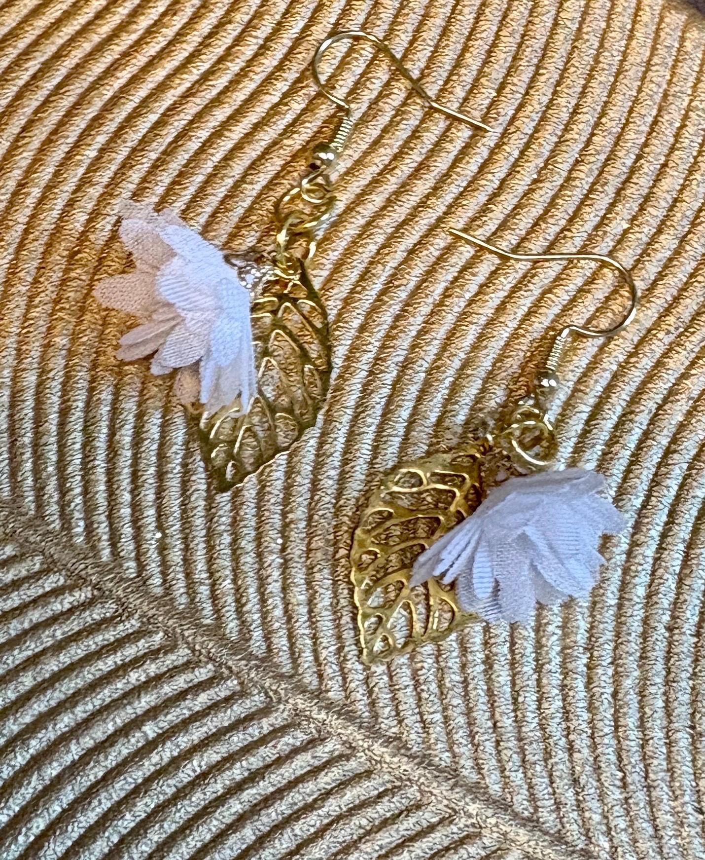 Handmade Gold Leaf Dangle Earrings | Fabric Floral Charm Earrings Consecrated Jewelry Co.