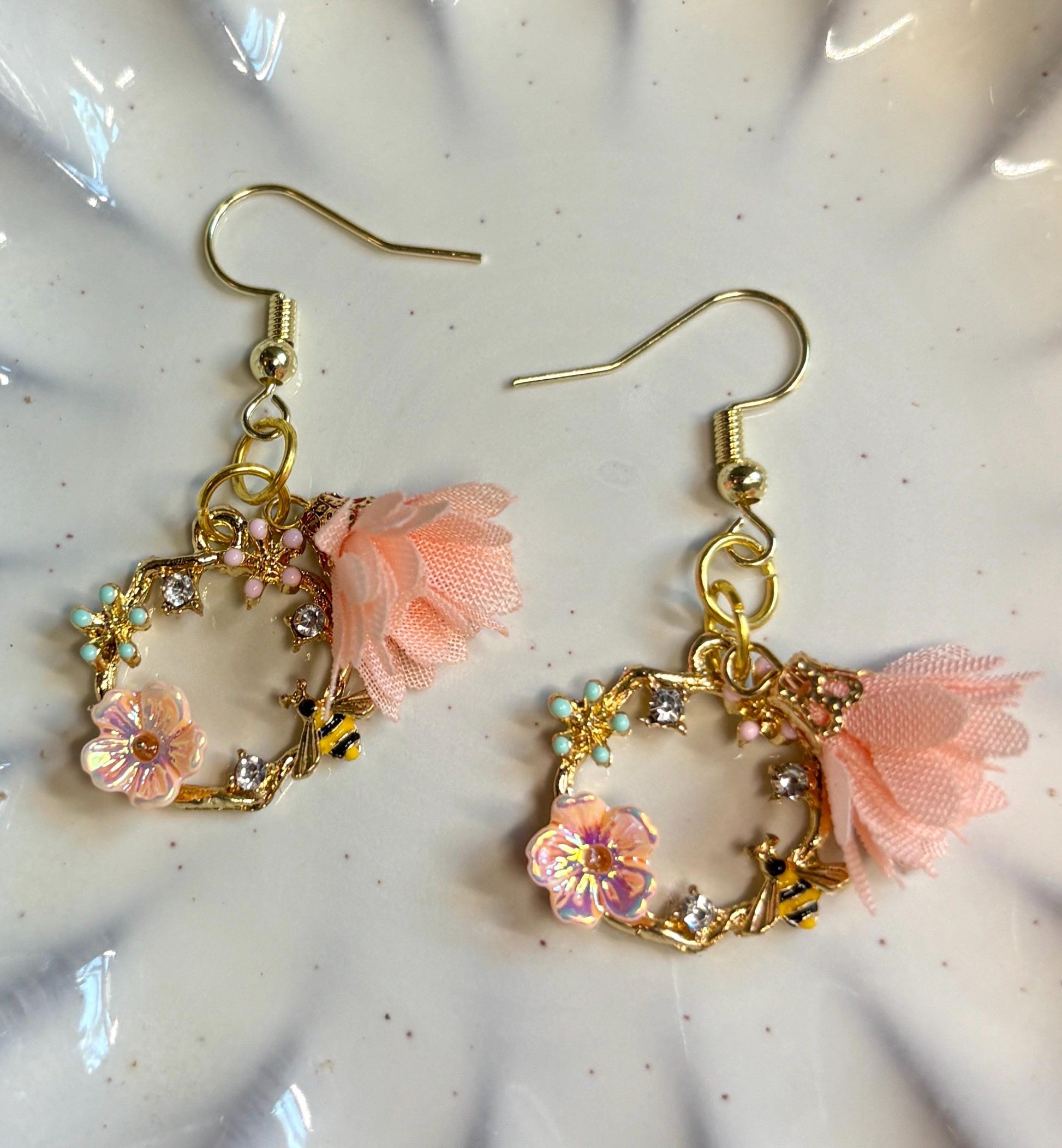 Gold Floral Bee Dangle Earrings | Crystal Garden Jewelry Earrings Consecrated Jewelry Co.