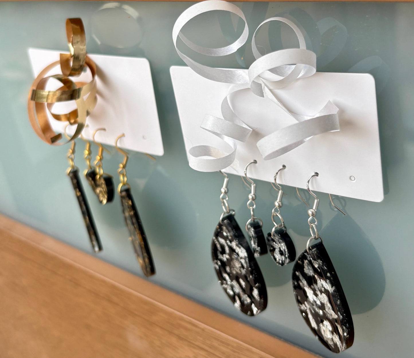 Handmade Glitter Resin Dangle Earrings | Black Gold Silver New Year's Earrings Consecrated Jewelry Co.
