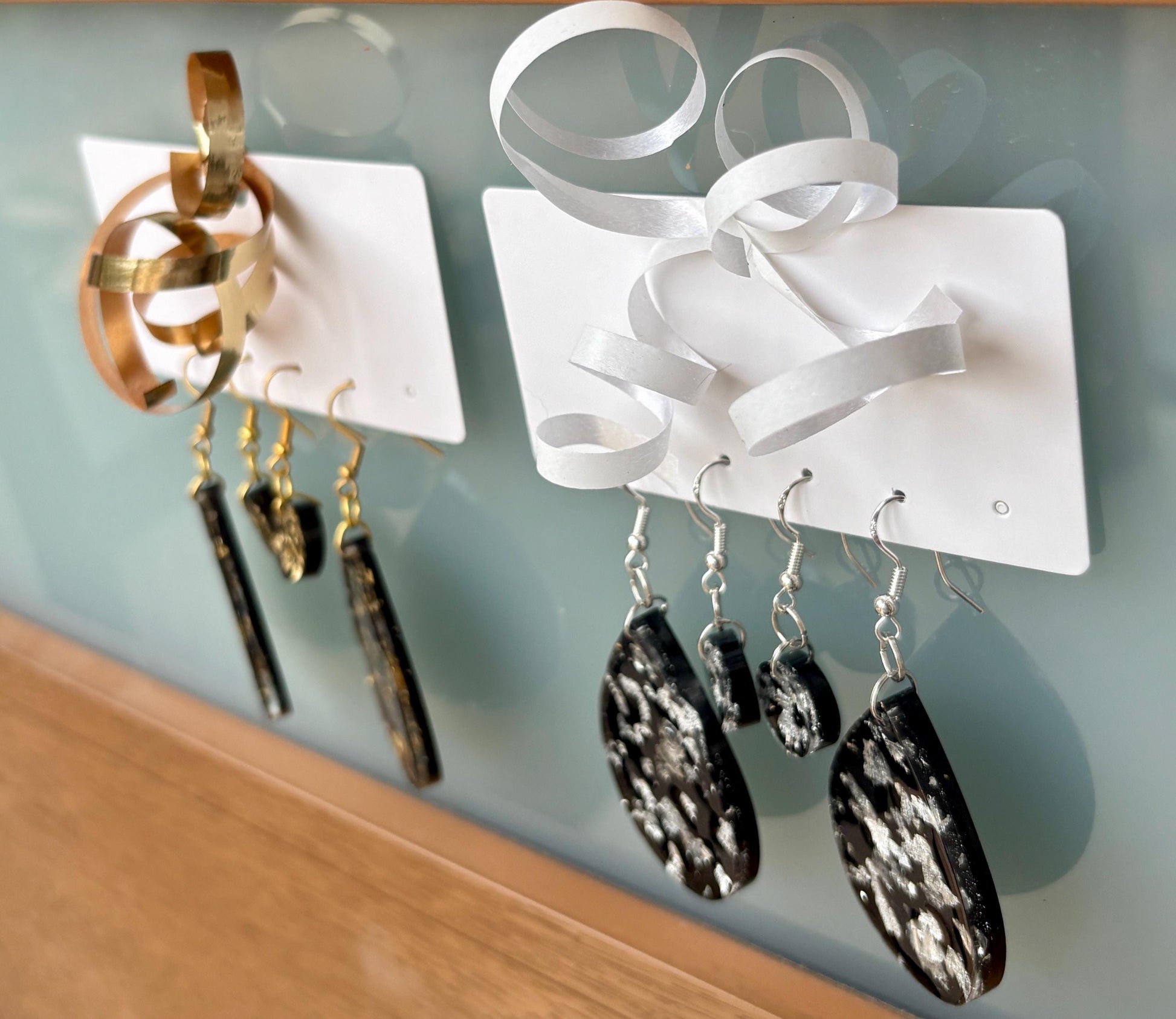 Handmade Glitter Resin Dangle Earrings | Black Gold Silver New Year's Earrings Consecrated Jewelry Co.