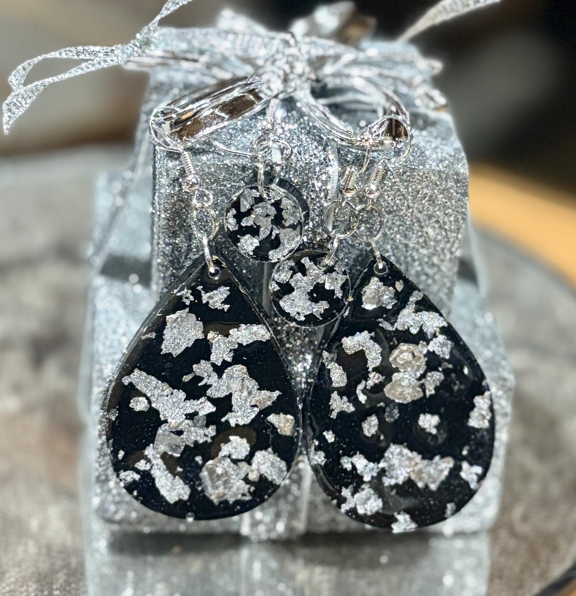 Handmade Glitter Resin Dangle Earrings | Black Gold Silver New Year's Earrings Consecrated Jewelry Co.
