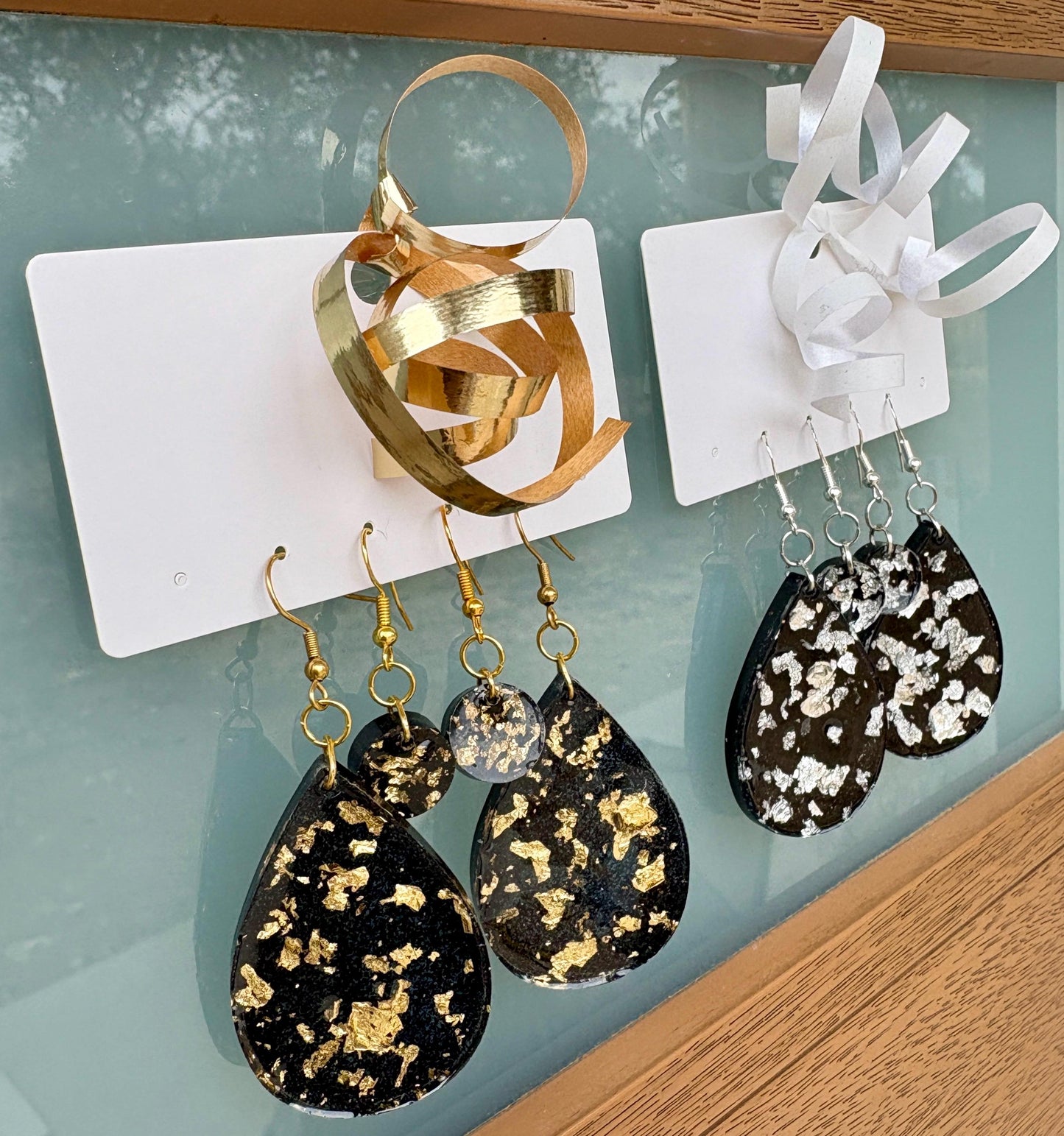 Handmade Glitter Resin Dangle Earrings | Black Gold Silver New Year's Earrings Consecrated Jewelry Co.
