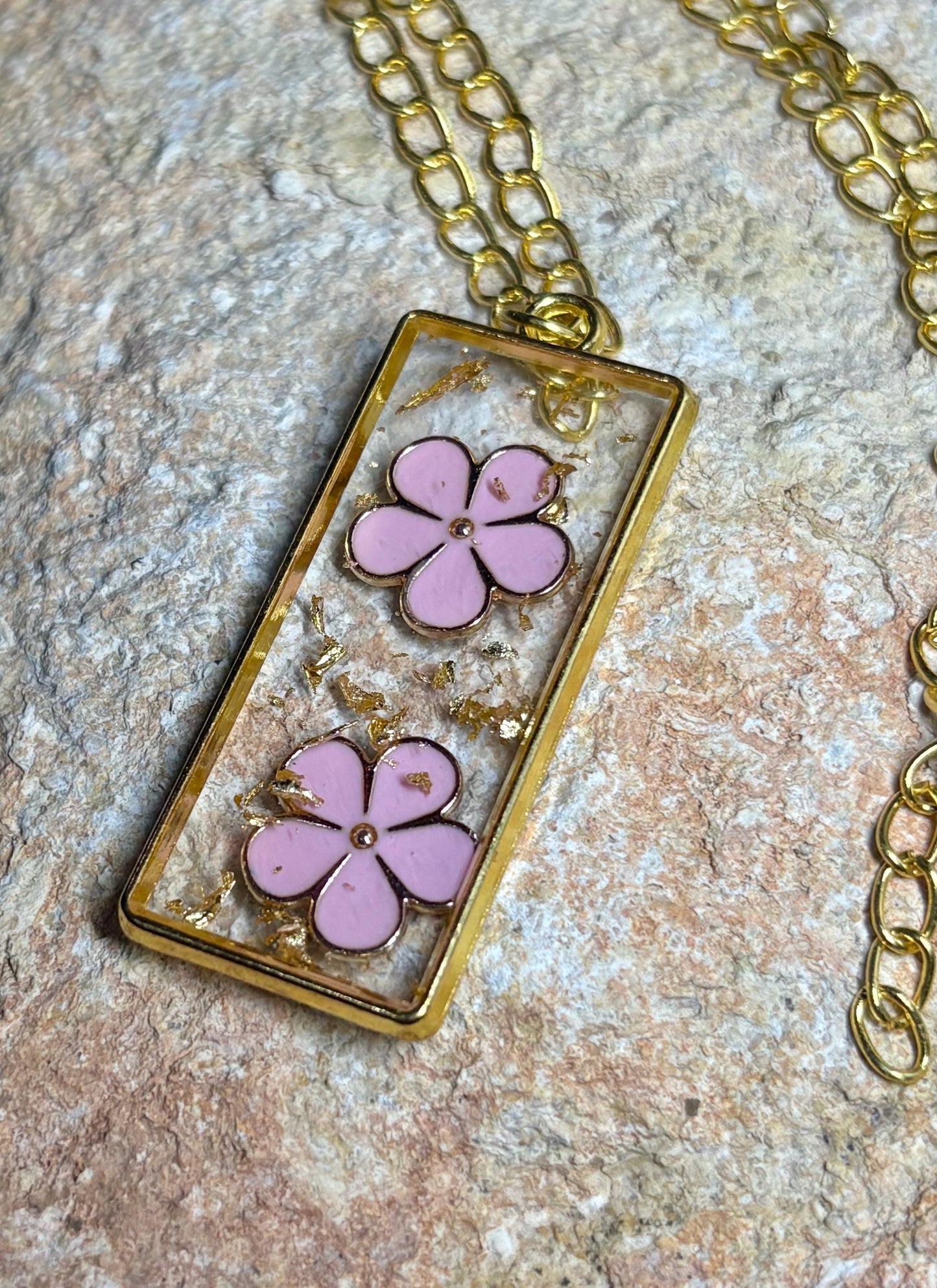Pink Flower Charm Necklace | Gold Flake Resin Pendant Necklaces Consecrated Jewelry Co.