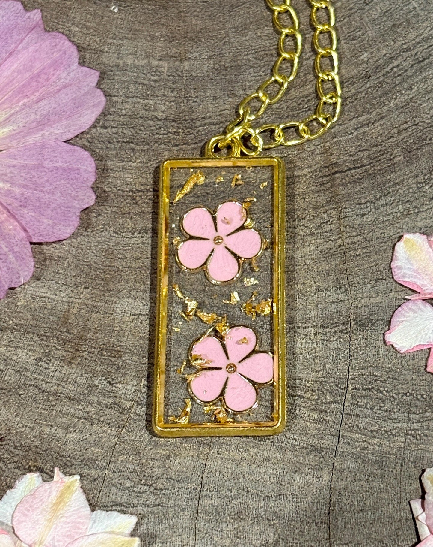Pink Flower Charm Necklace | Gold Flake Resin Pendant Necklaces Consecrated Jewelry Co.