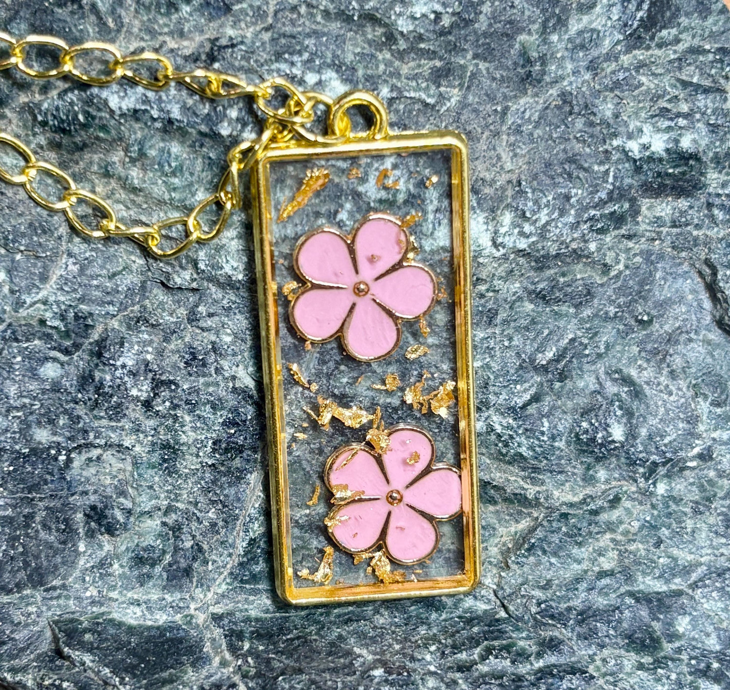 Pink Flower Charm Necklace | Gold Flake Resin Pendant Necklaces Consecrated Jewelry Co.
