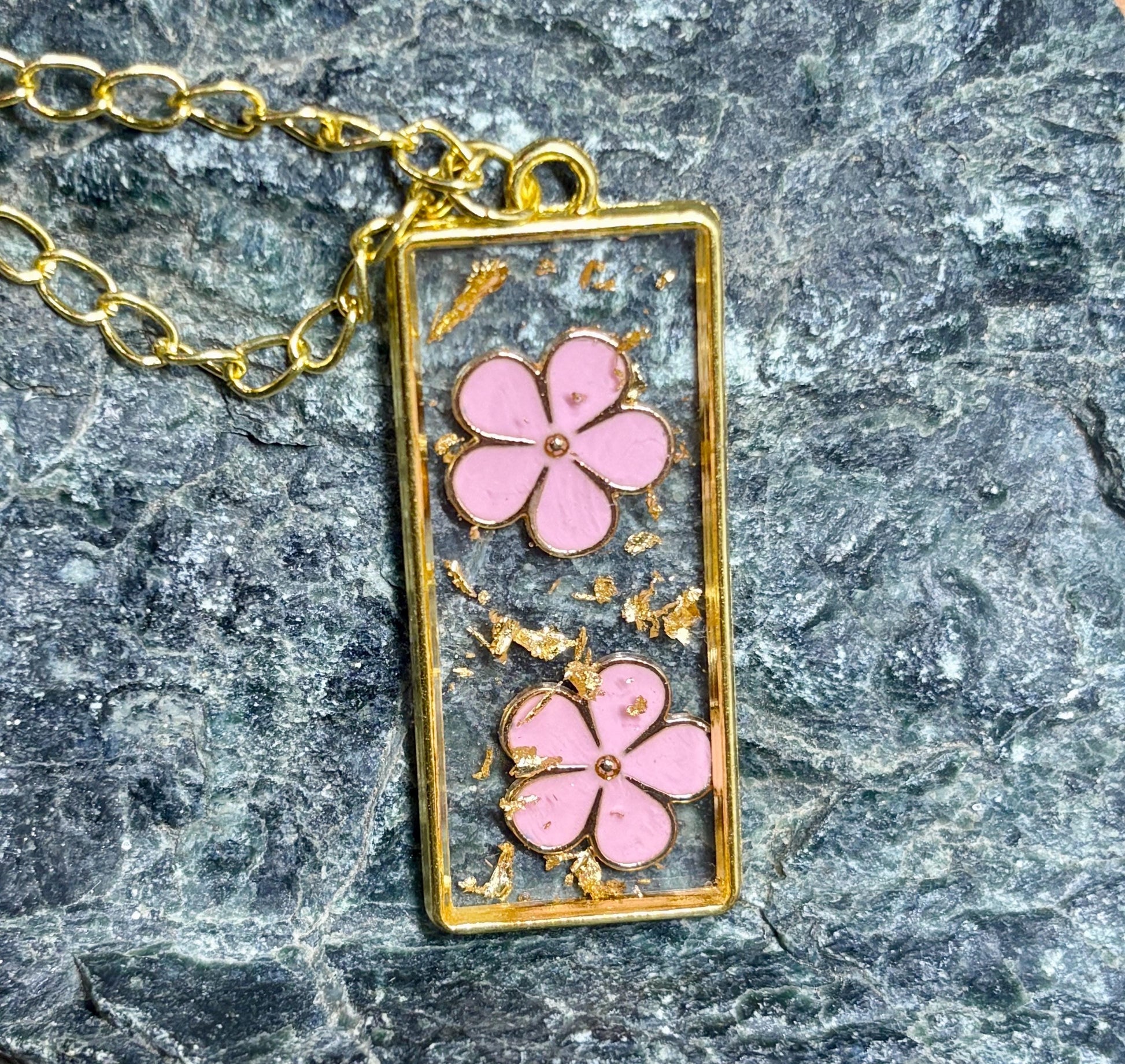 Pink Flower Charm Necklace | Gold Flake Resin Pendant Necklaces Consecrated Jewelry Co.