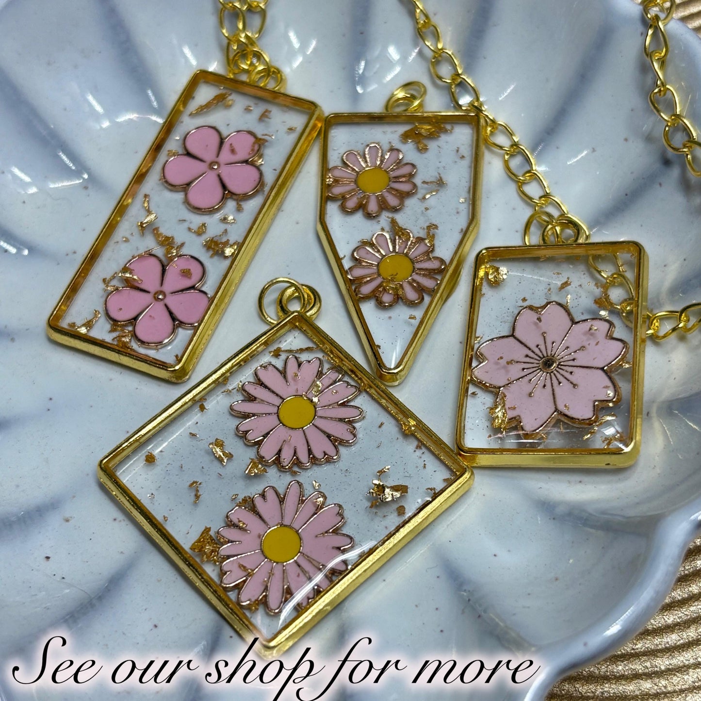 Pink Flower Resin Necklace | Gold Flake Pendant Necklaces Consecrated Jewelry Co.