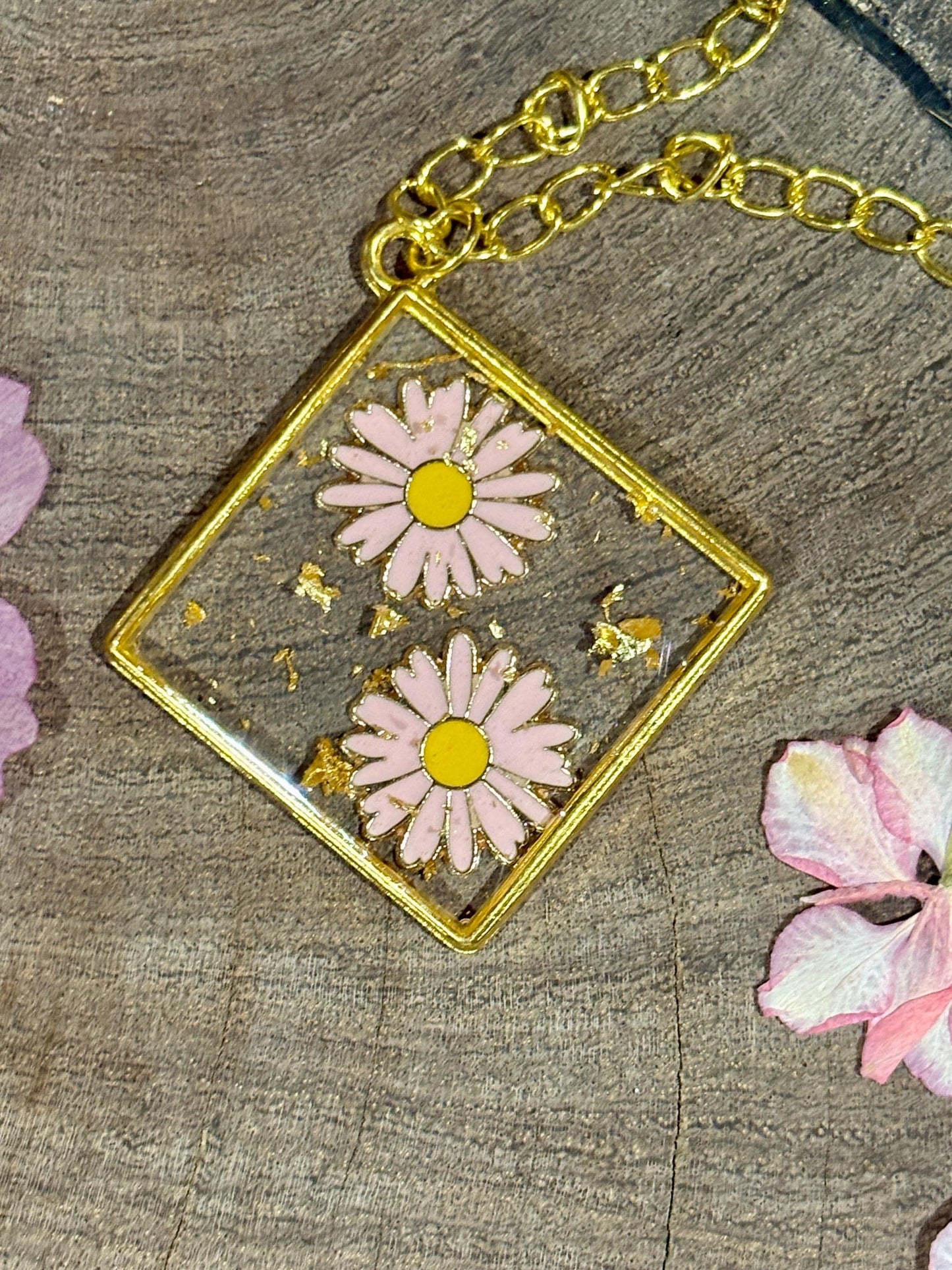 Pink Flower Charm Necklace | Gold Flake Resin Pendant Necklaces Consecrated Jewelry Co.