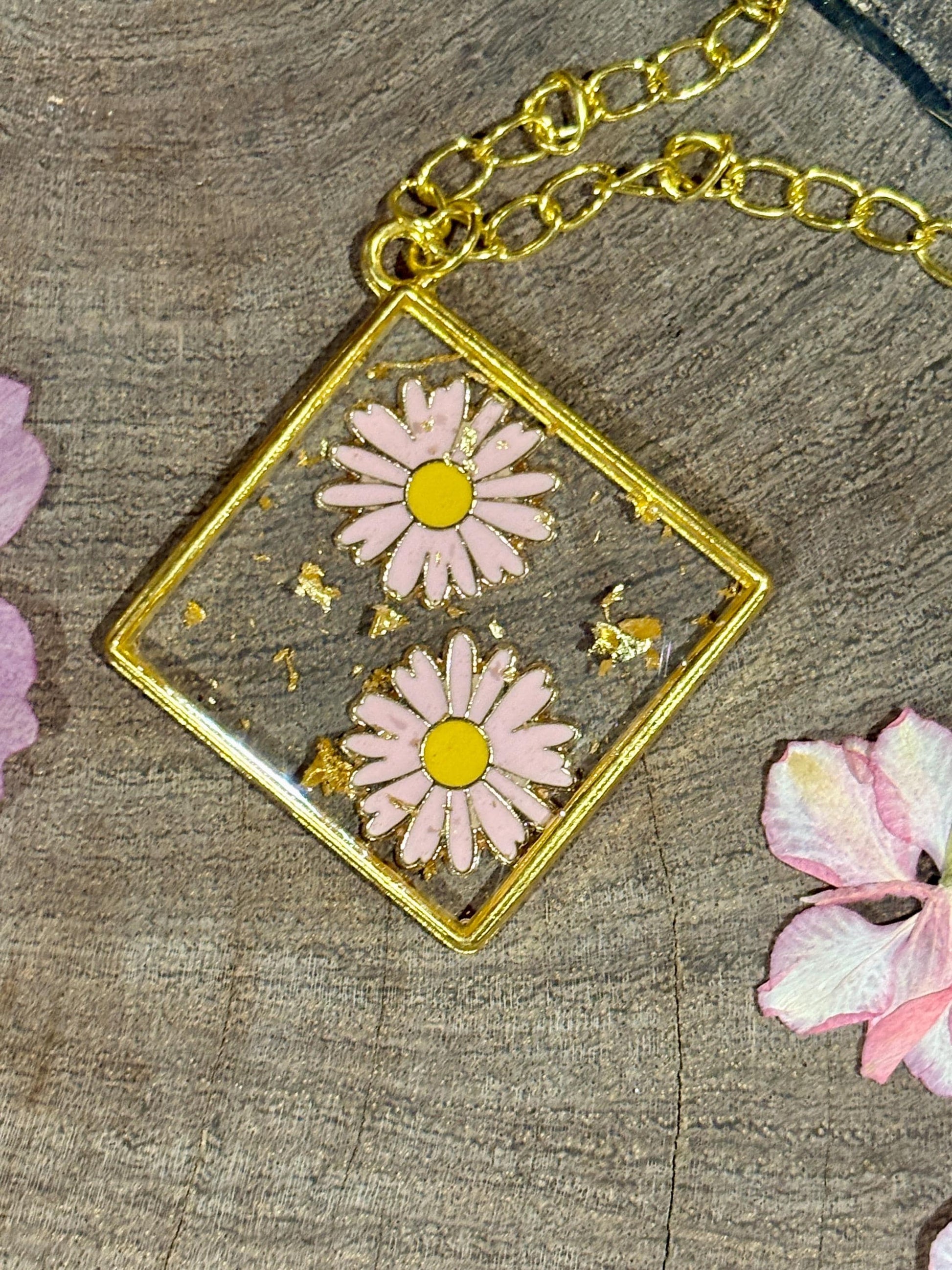 Pink Flower Charm Necklace | Gold Flake Resin Pendant Necklaces Consecrated Jewelry Co.