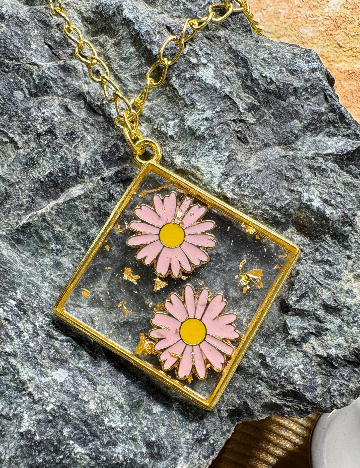 Pink Flower Charm Necklace | Gold Flake Resin Pendant Necklaces Consecrated Jewelry Co.