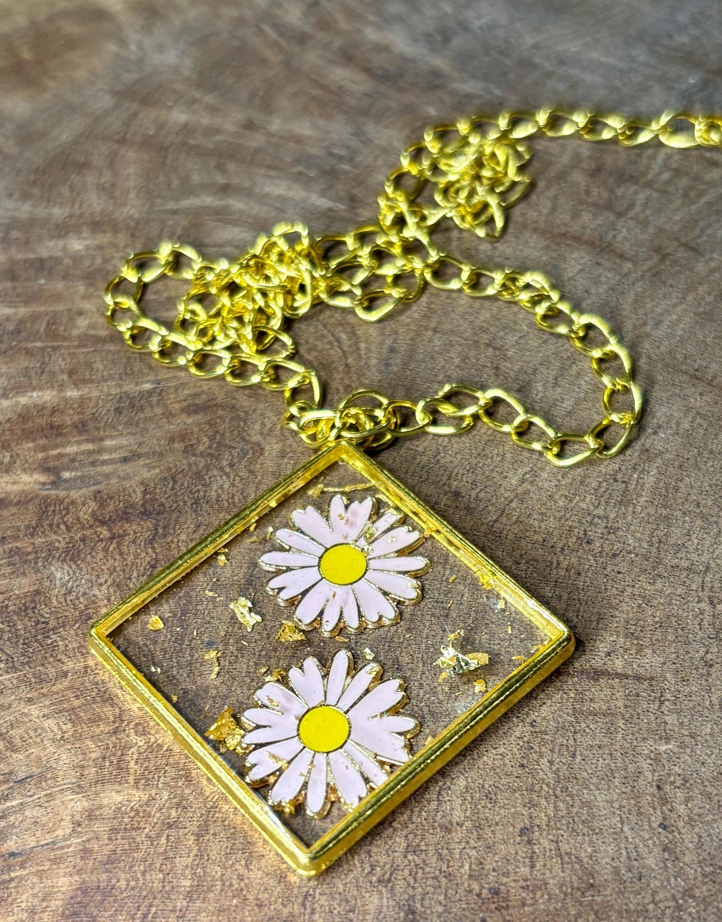 Pink Flower Charm Necklace | Gold Flake Resin Pendant Necklaces Consecrated Jewelry Co.