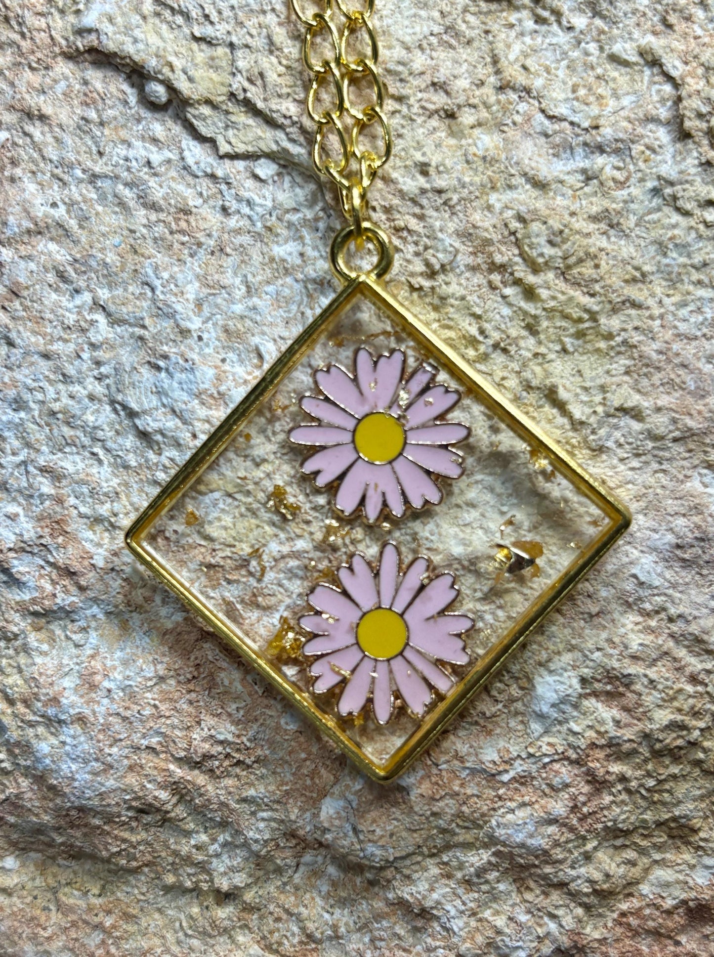 Pink Flower Charm Necklace | Gold Flake Resin Pendant Necklaces Consecrated Jewelry Co.