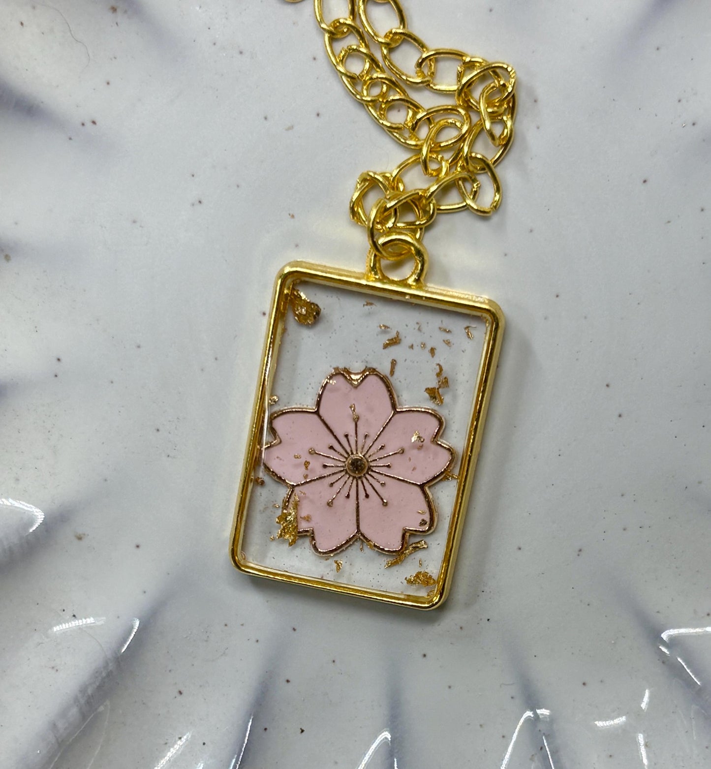 Pink Flower Resin Necklace | Gold Flake Pendant Necklaces Consecrated Jewelry Co.