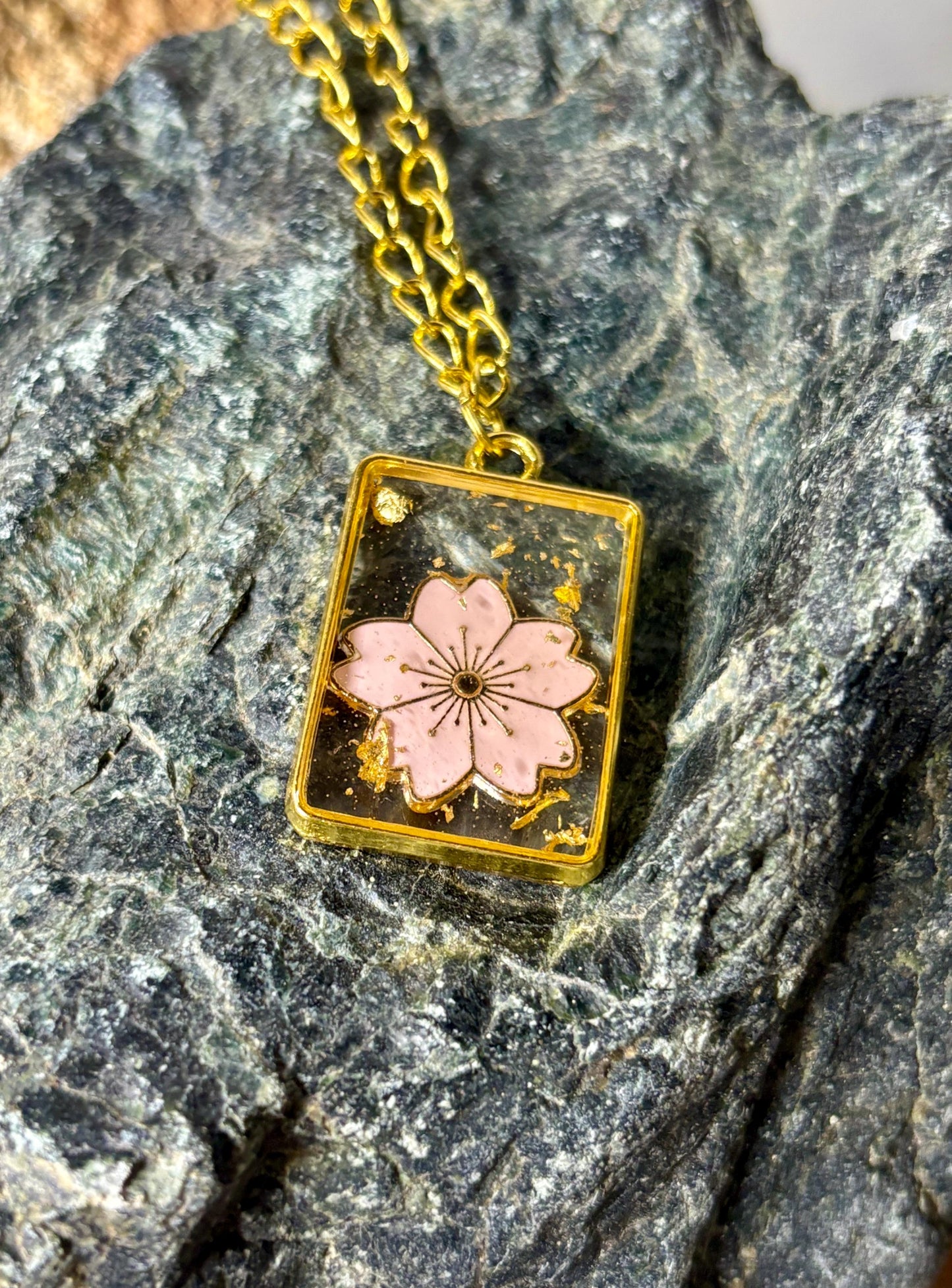 Pink Flower Resin Necklace | Gold Flake Pendant Necklaces Consecrated Jewelry Co.