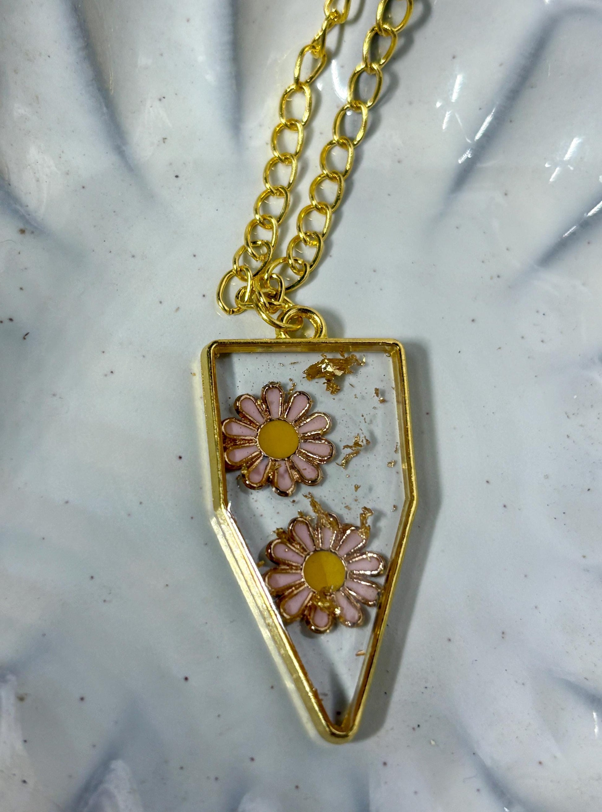Pink Flower Resin Pendant Necklace | Gold Flake Geometric Frame Necklaces Consecrated Jewelry Co.