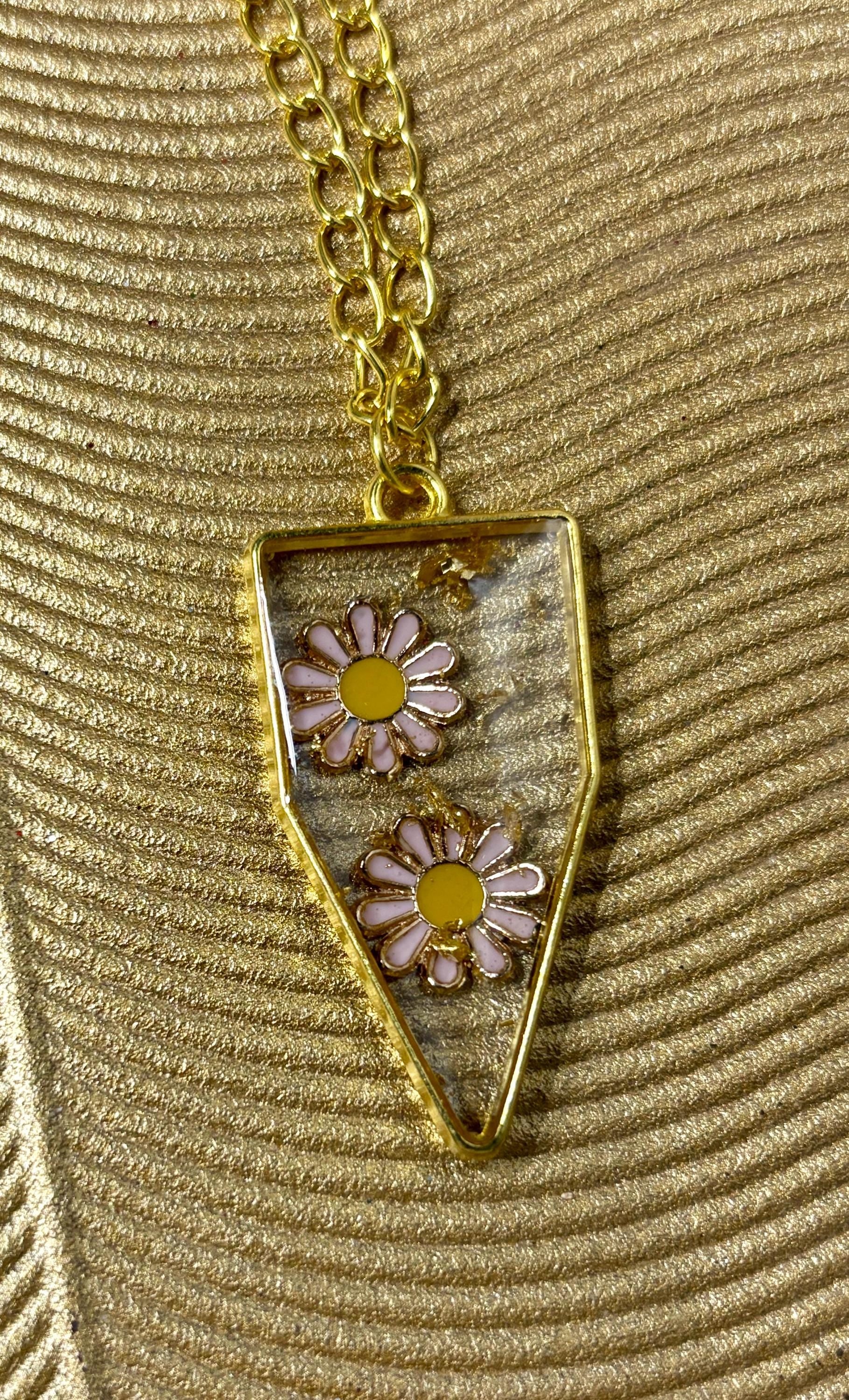 Pink Flower Resin Pendant Necklace | Gold Flake Geometric Frame Necklaces Consecrated Jewelry Co.