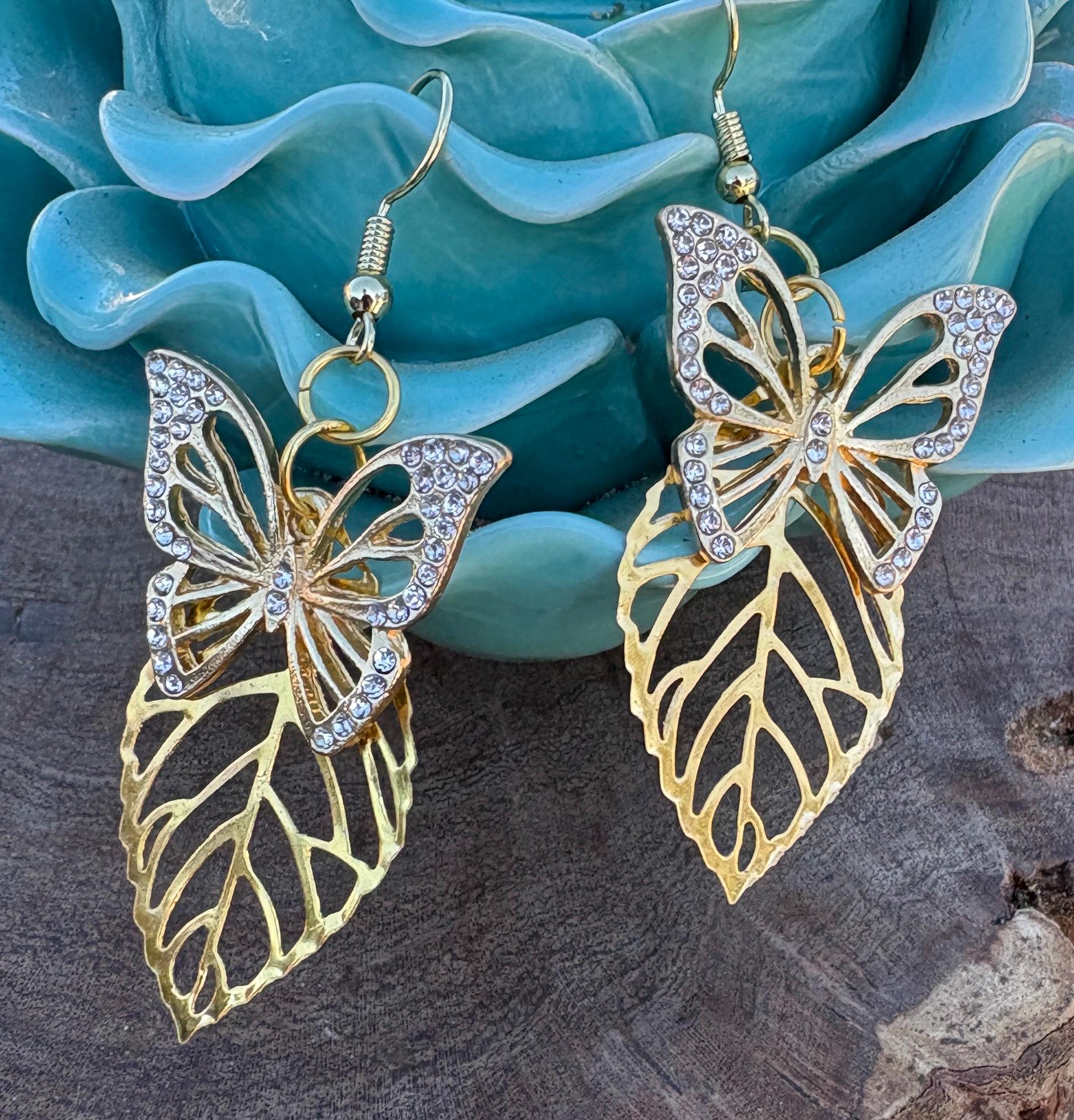 Gold Butterfly Dangle Earrings | Crystal Gemstone Garden Earrings Consecrated Jewelry Co.