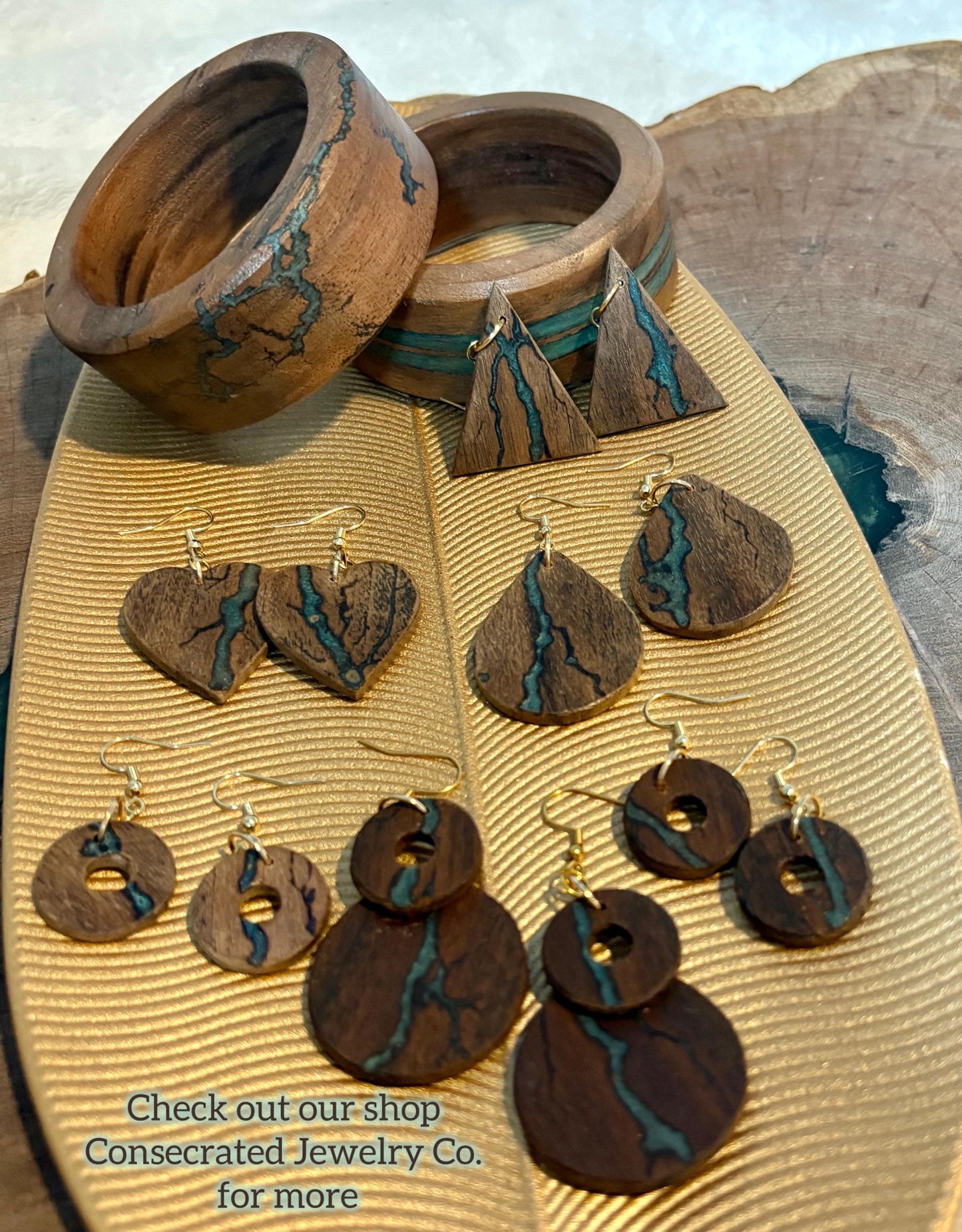 Black Walnut Geometric Triangle Earrings | Teal Turquoise Resin Earrings Consecrated Jewelry Co.