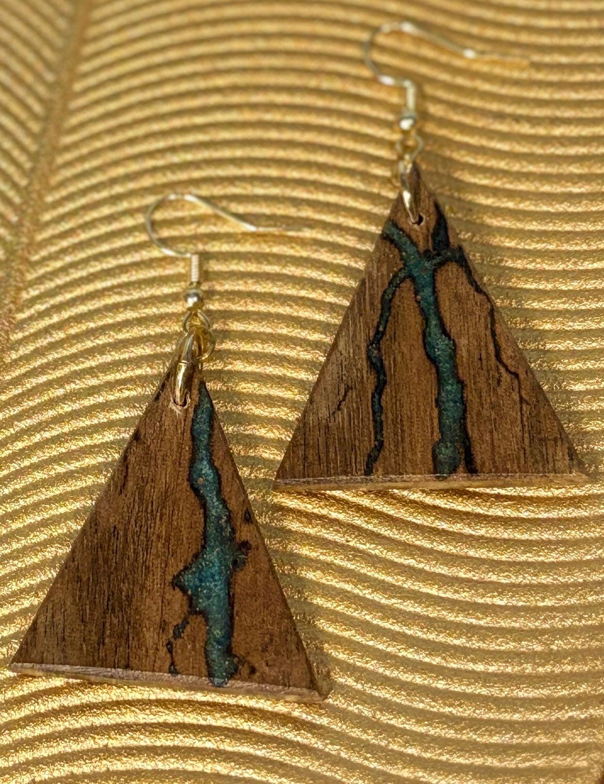 Black Walnut Geometric Triangle Earrings | Teal Turquoise Resin Earrings Consecrated Jewelry Co.