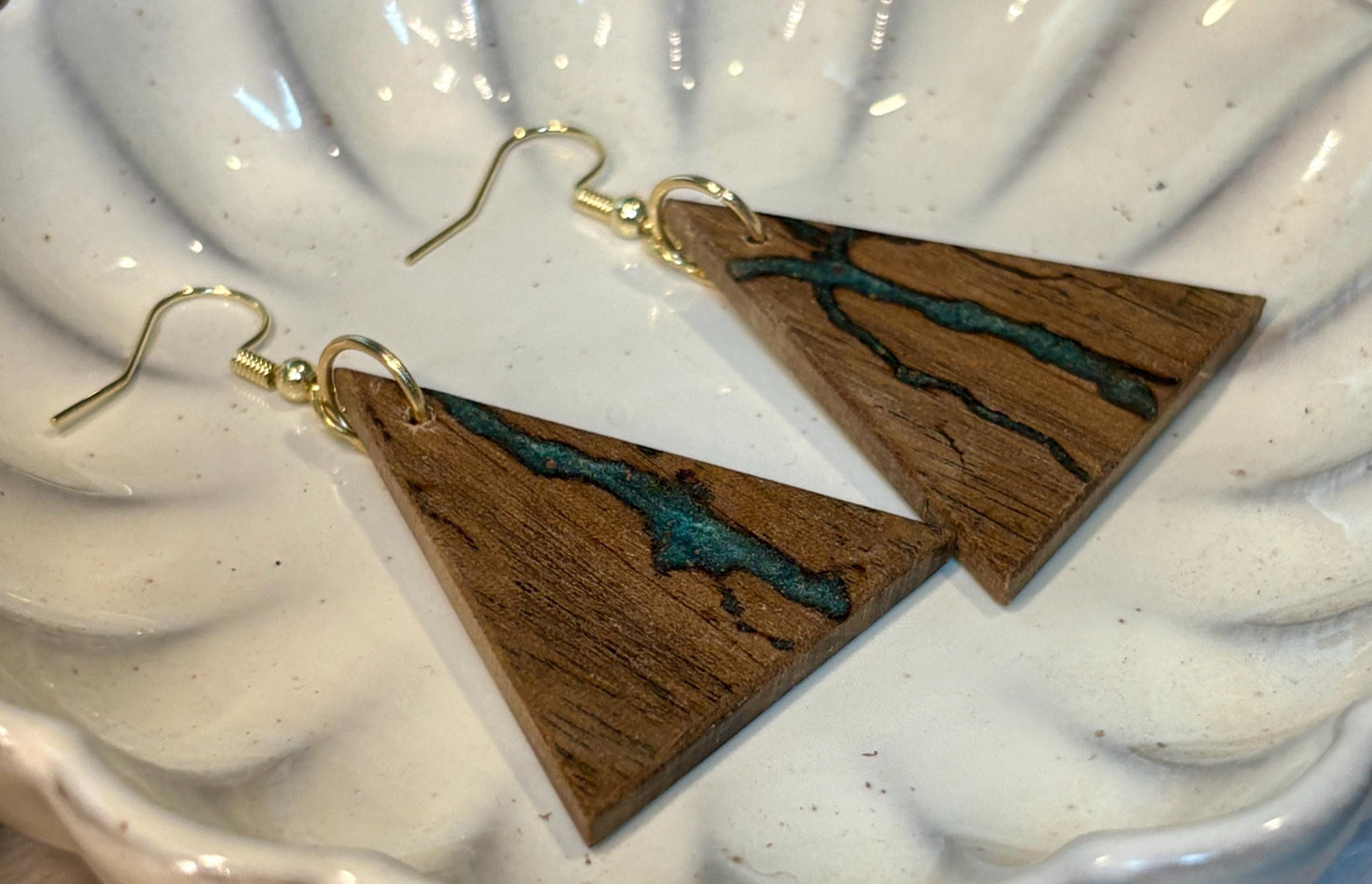 Black Walnut Geometric Triangle Earrings | Teal Turquoise Resin Earrings Consecrated Jewelry Co.