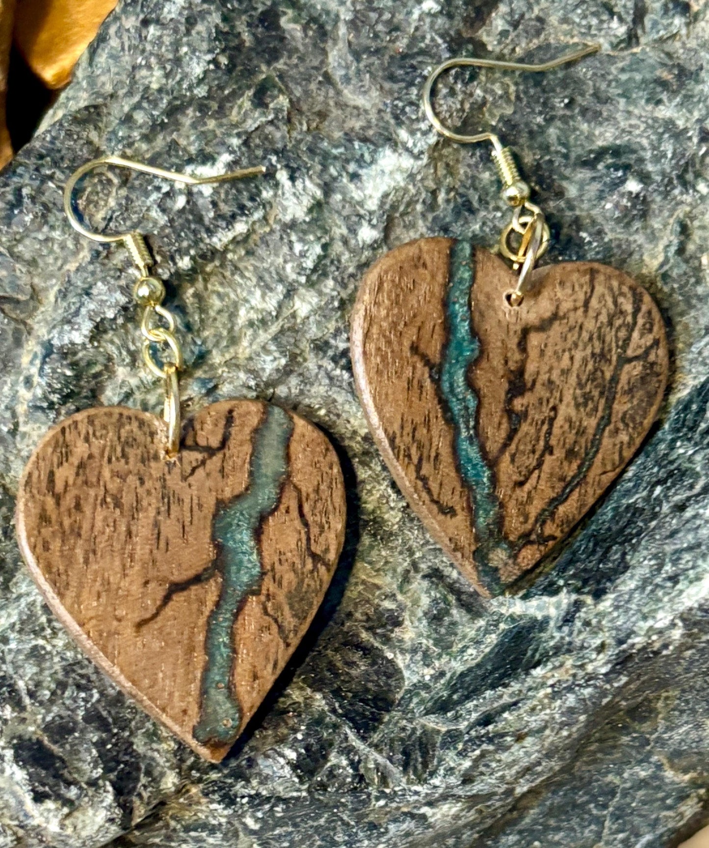 Black Walnut Heart Dangle Earrings | Teal Resin Boho Wood Earrings Consecrated Jewelry Co.