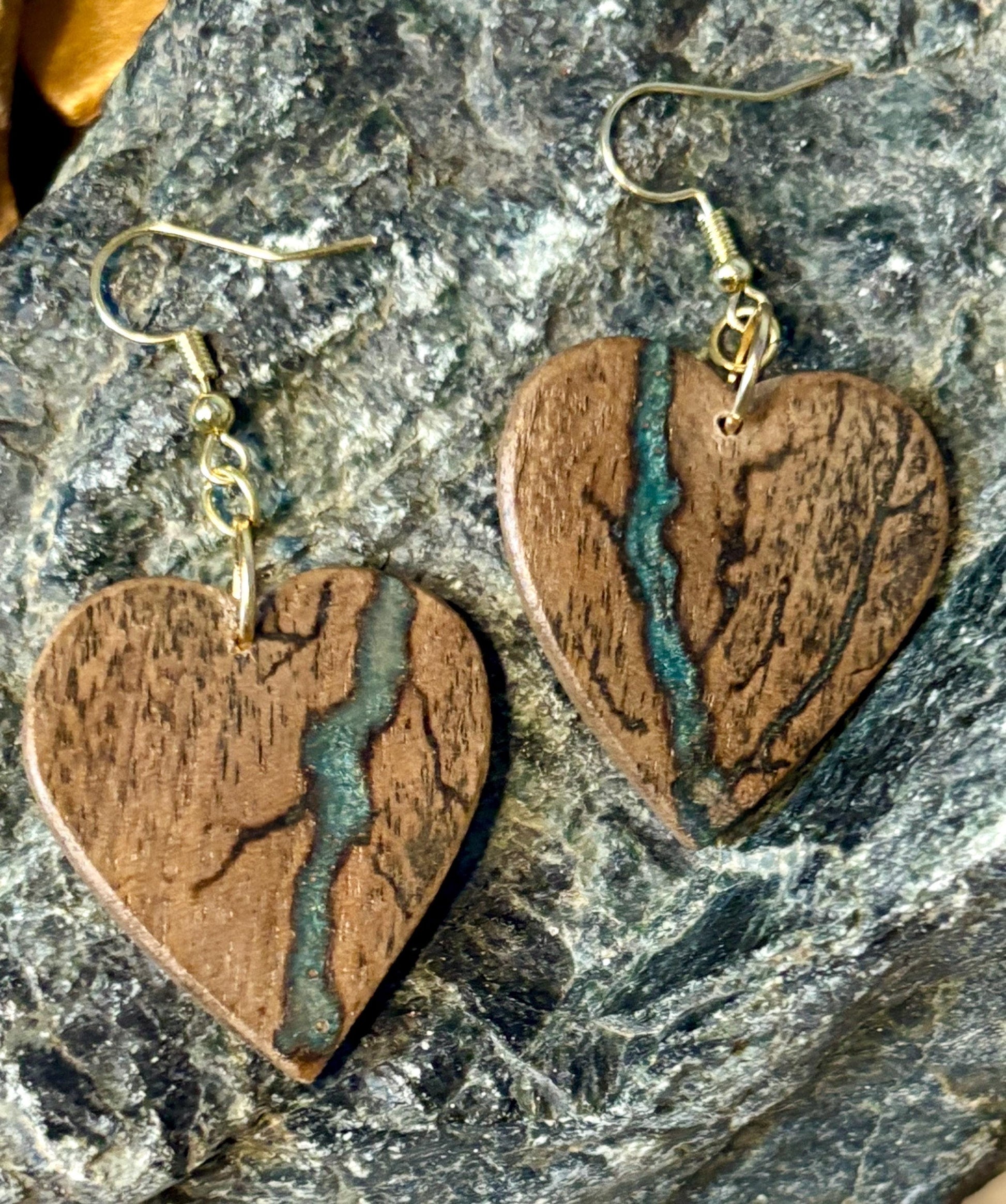 Black Walnut Heart Dangle Earrings | Teal Resin Boho Wood Earrings Consecrated Jewelry Co.