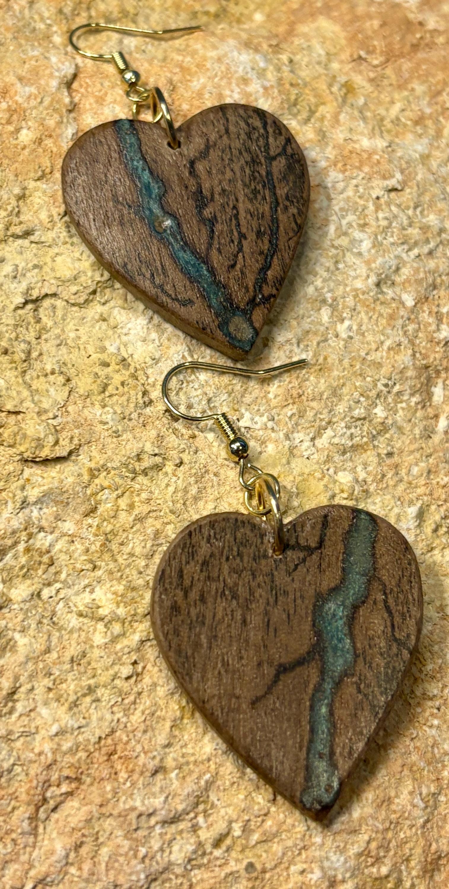 Black Walnut Heart Dangle Earrings | Teal Resin Boho Wood Earrings Consecrated Jewelry Co.