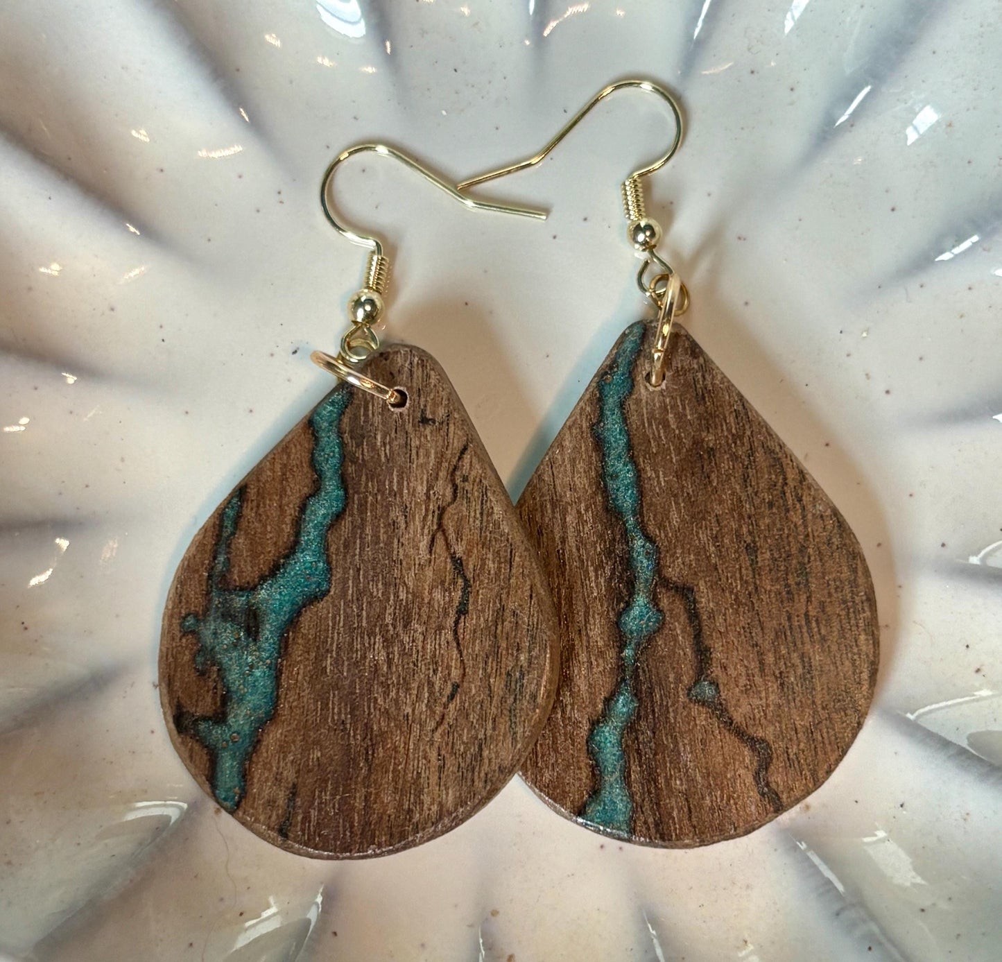 Black Walnut Teardrop Earrings | Teal Resin Inlay Boho Wood Earrings Consecrated Jewelry Co.
